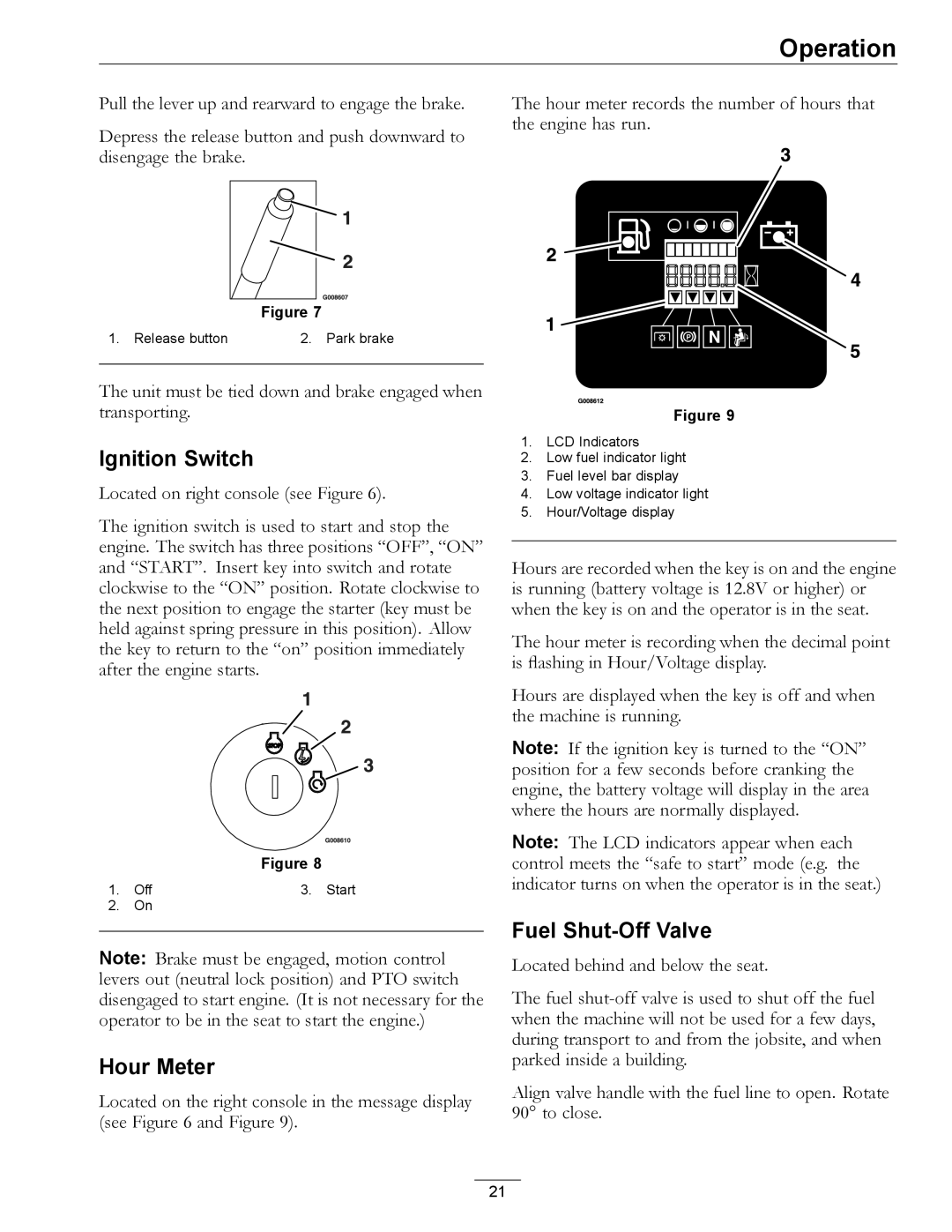 Exmark 000 & higher manual Ignition Switch, Hour Meter, Fuel Shut-Off Valve 