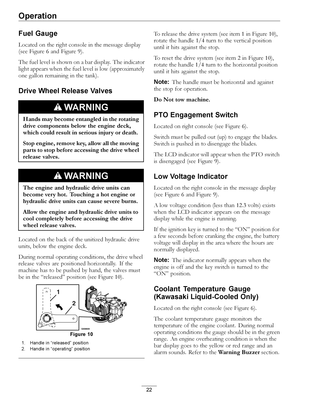 Exmark 000 & higher manual Fuel Gauge, Drive Wheel Release Valves, PTO Engagement Switch, Low Voltage Indicator 