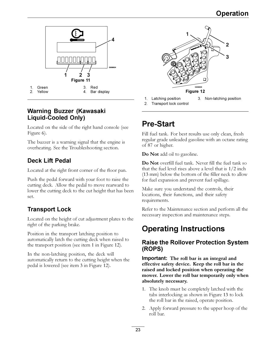 Exmark 000 & higher manual Pre-Start, Operating Instructions, Deck Lift Pedal, Transport Lock 