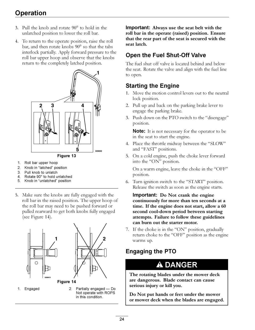 Exmark 000 & higher manual Open the Fuel Shut-Off Valve, Starting the Engine, Engaging the PTO 