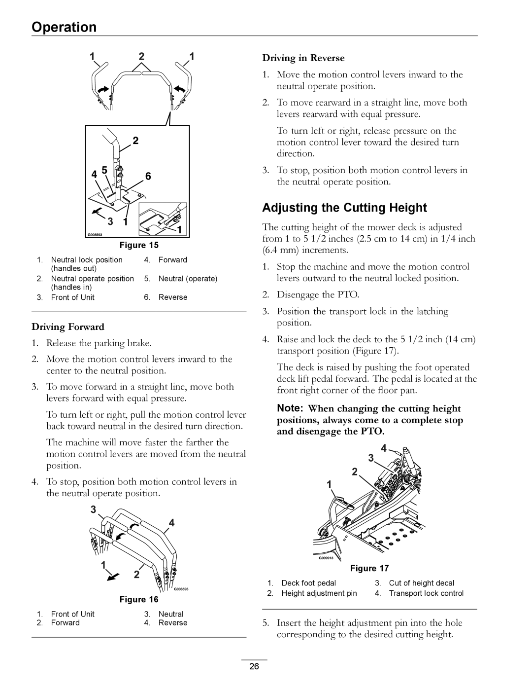 Exmark 000 & higher manual Adjusting the Cutting Height, Driving Forward 