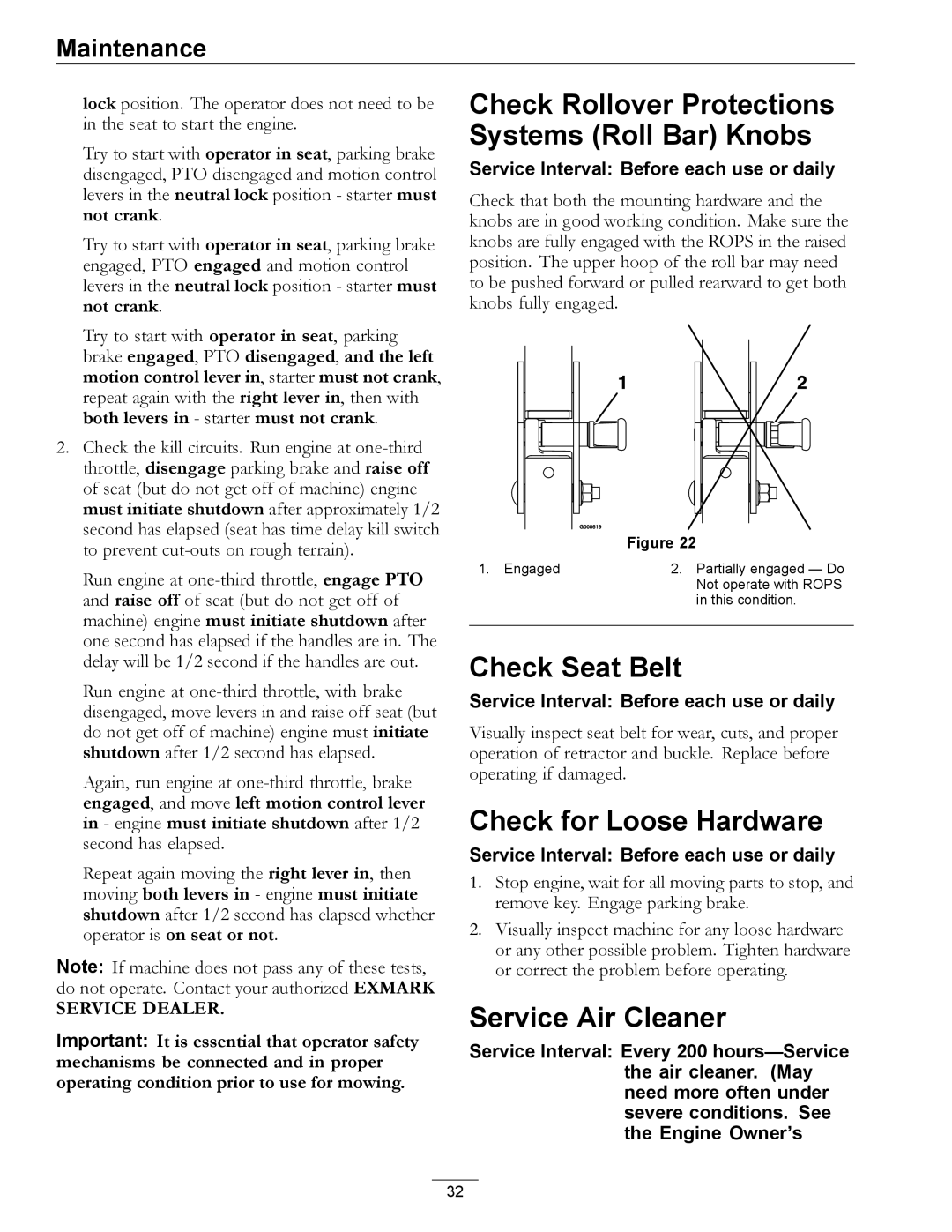 Exmark 000 & higher manual Check Rollover Protections Systems Roll Bar Knobs, Check Seat Belt, Check for Loose Hardware 