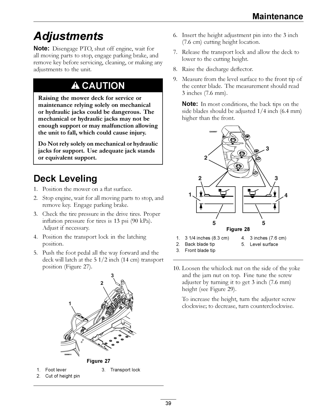 Exmark 000 & higher manual Adjustments, Deck Leveling 