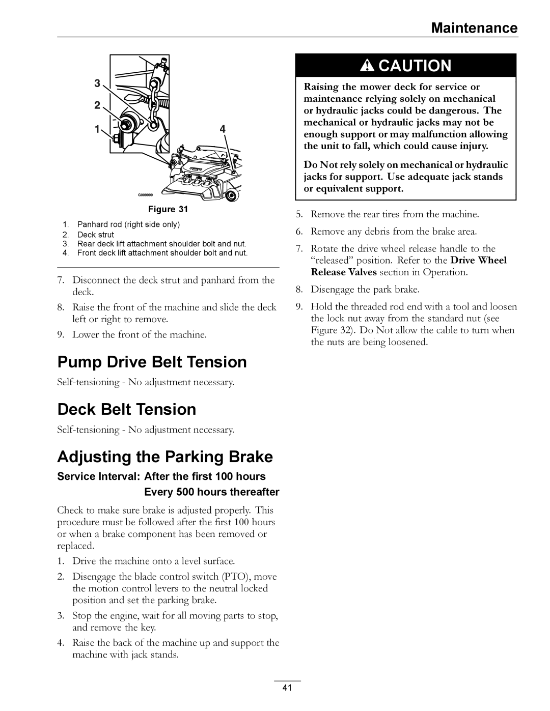 Exmark 000 & higher manual Pump Drive Belt Tension, Deck Belt Tension, Adjusting the Parking Brake 