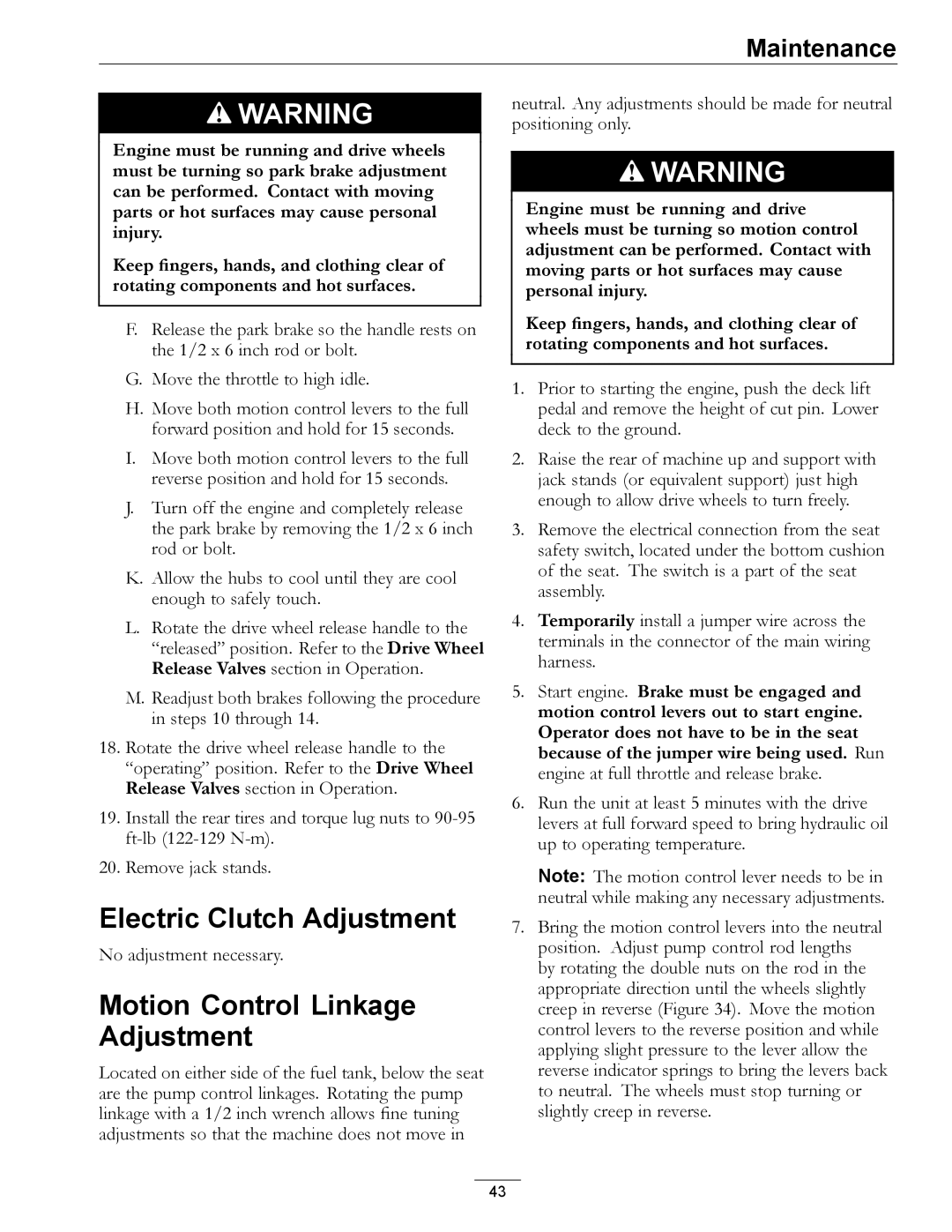 Exmark 000 & higher manual Electric Clutch Adjustment, Motion Control Linkage Adjustment 