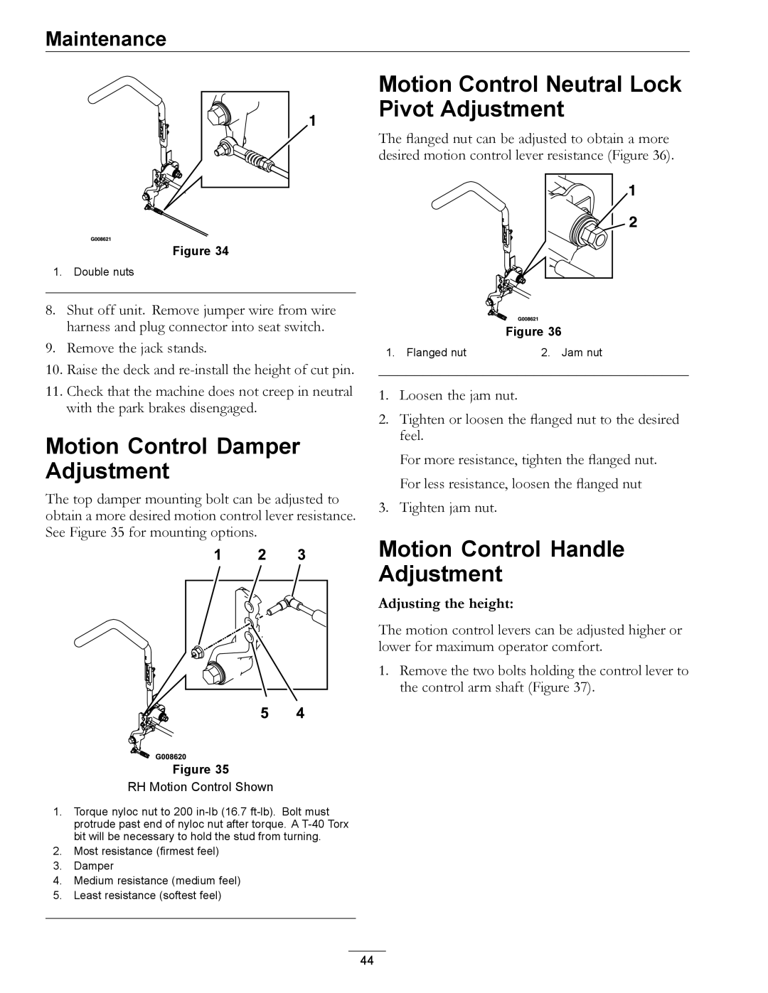 Exmark 000 & higher manual Motion Control Damper Adjustment, Motion Control Neutral Lock Pivot Adjustment 