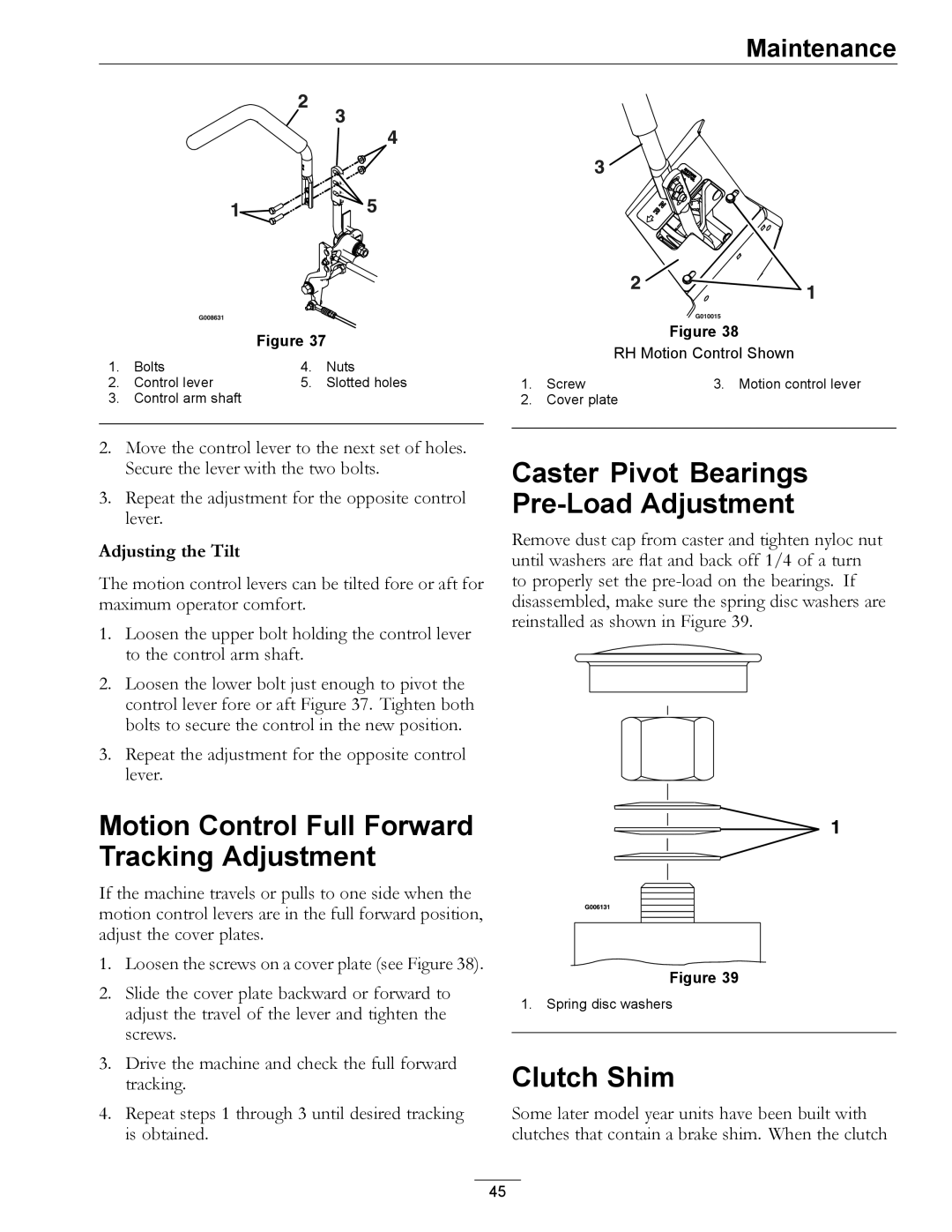 Exmark 000 & higher manual Caster Pivot Bearings Pre-Load Adjustment, Clutch Shim 