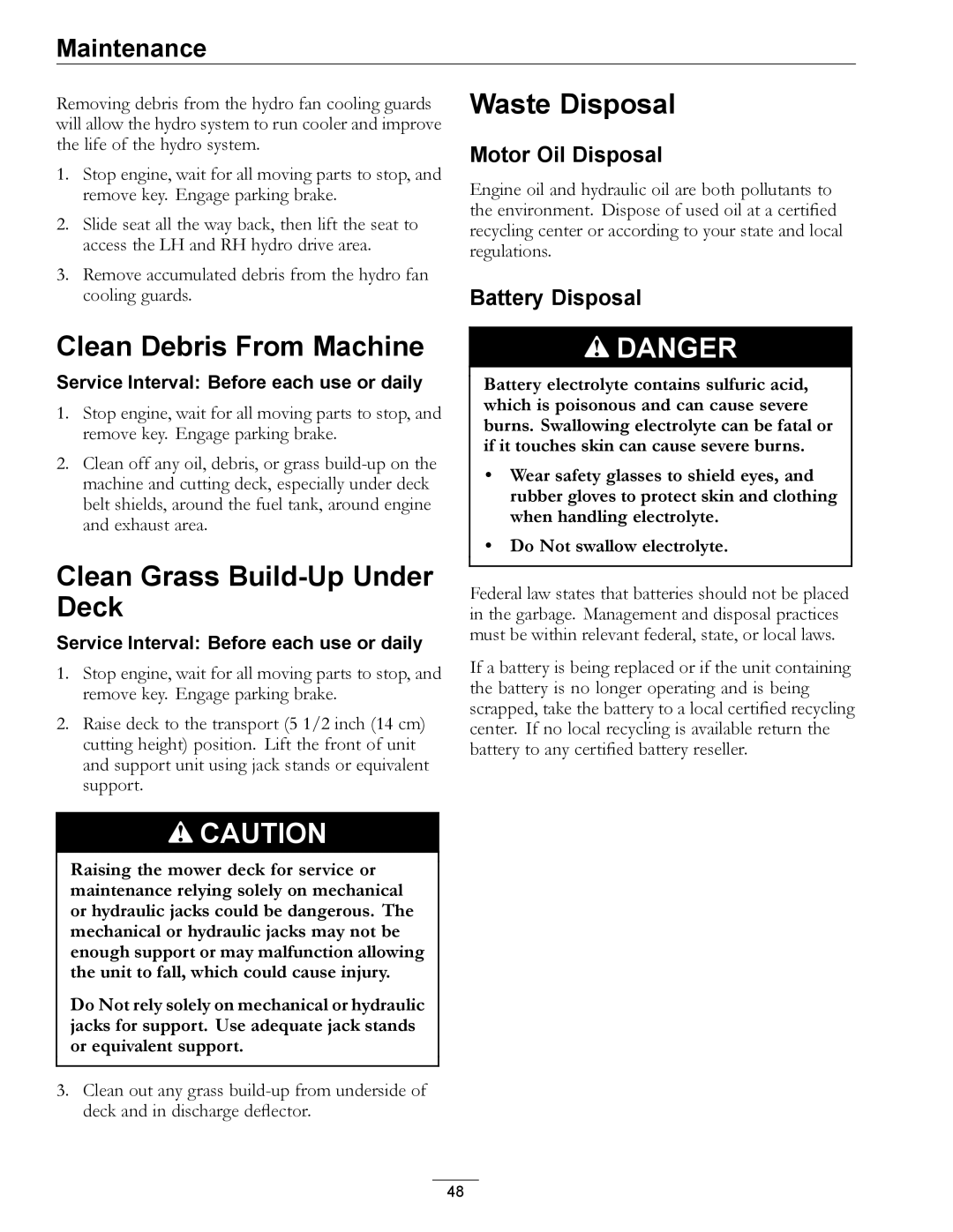 Exmark 000 & higher manual Waste Disposal, Clean Debris From Machine, Clean Grass Build-Up Under Deck, Motor Oil Disposal 