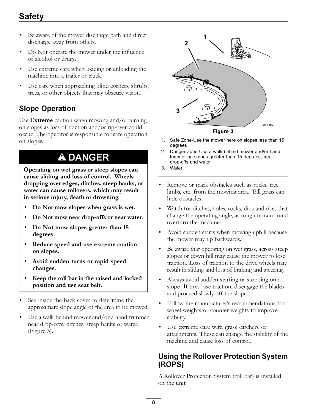 Exmark 000 & higher manual Slope Operation, Using the Rollover Protection System Rops 