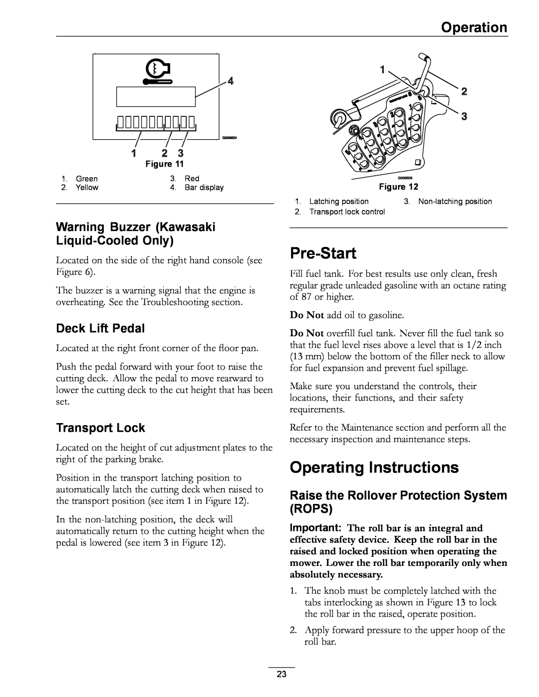 Exmark 000 & higher manual Pre-Start, Operating Instructions, Warning Buzzer Kawasaki Liquid-CooledOnly, Deck Lift Pedal 
