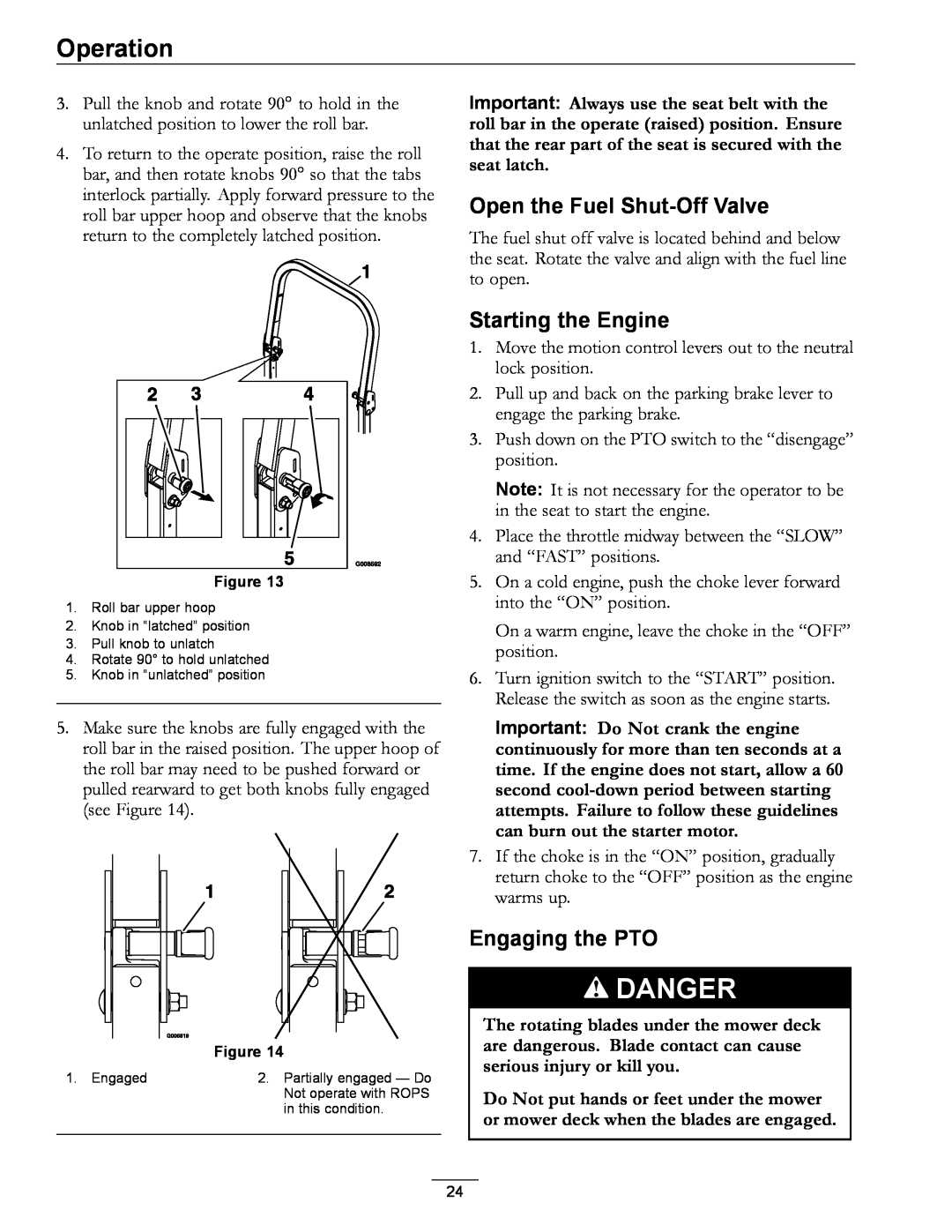 Exmark 000 & higher manual Open the Fuel Shut-OffValve, Starting the Engine, Engaging the PTO, Danger, Operation 