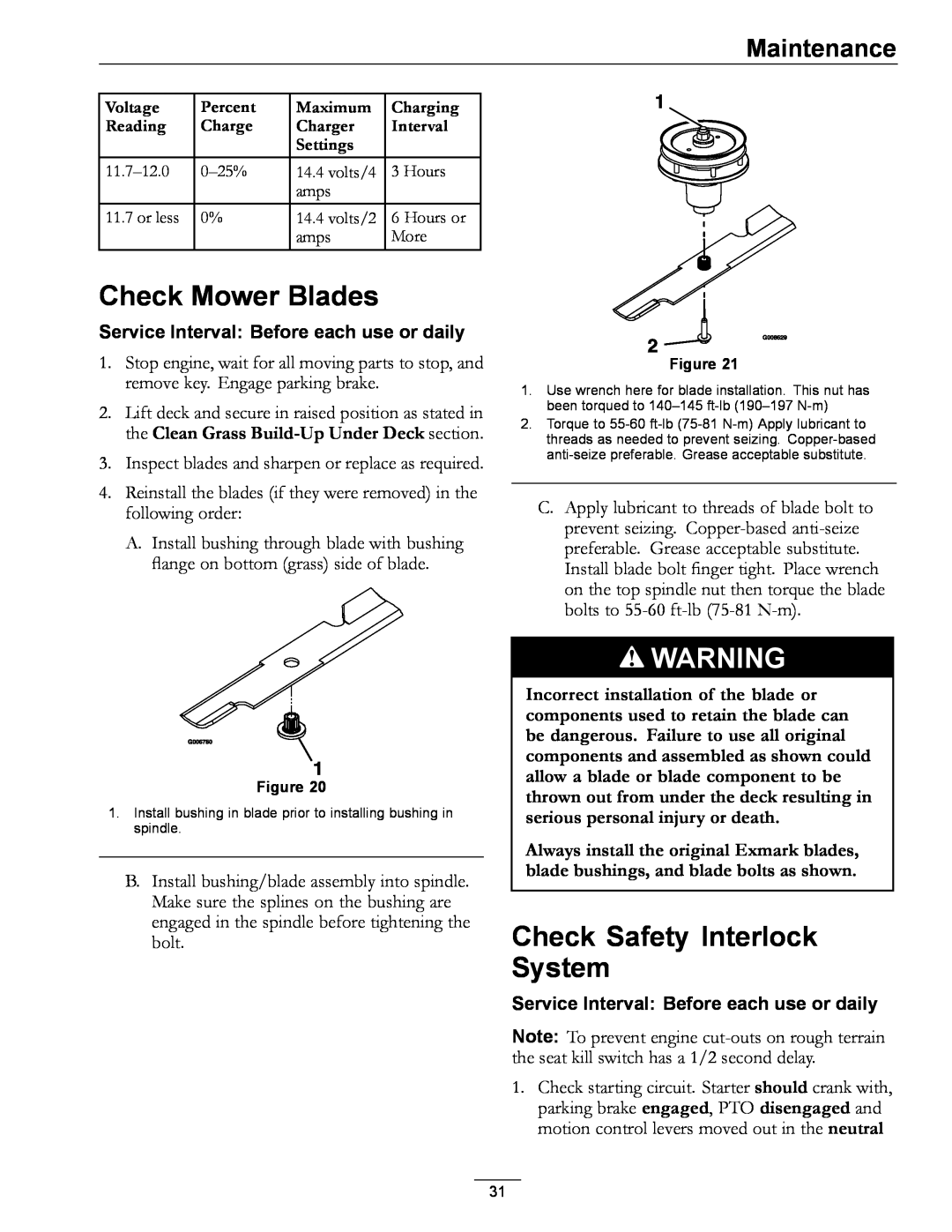 Exmark 000 & higher manual Check Mower Blades, Check Safety Interlock System, Maintenance 