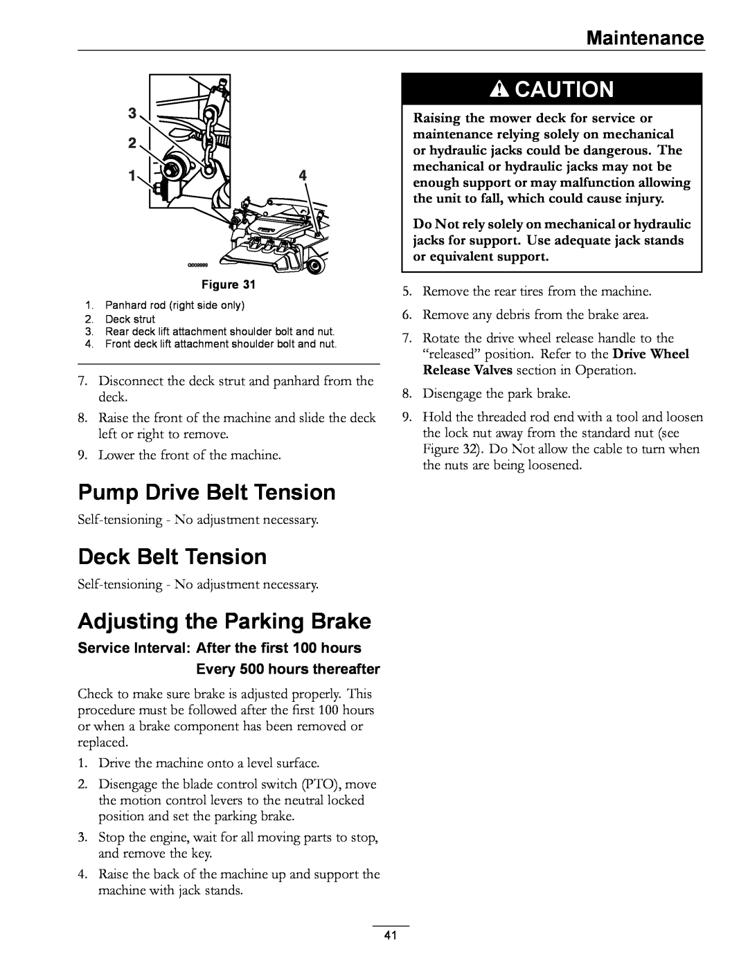 Exmark 000 & higher manual Pump Drive Belt Tension, Deck Belt Tension, Adjusting the Parking Brake, Maintenance 