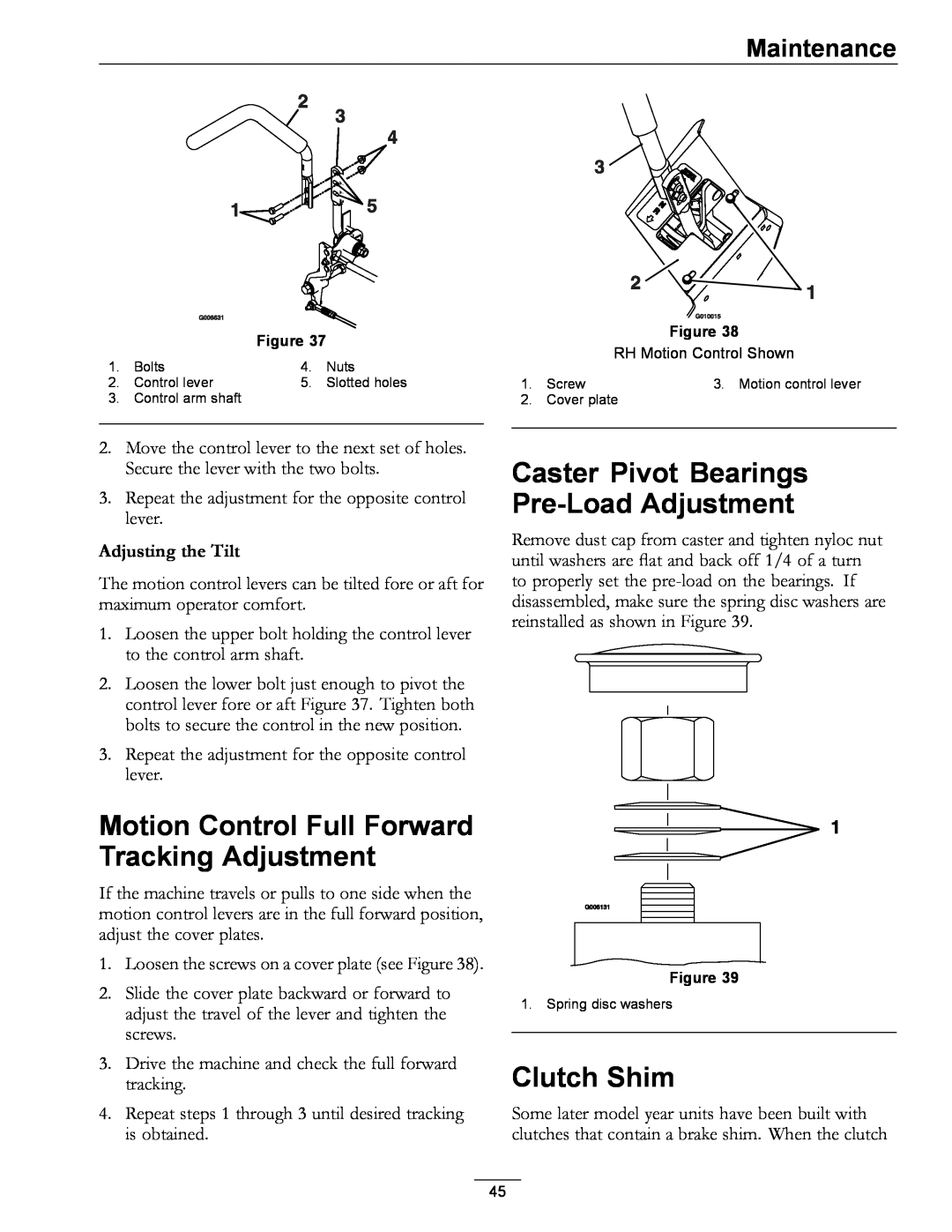 Exmark 000 & higher Caster Pivot Bearings Pre-LoadAdjustment, Clutch Shim, Motion Control Full Forward Tracking Adjustment 