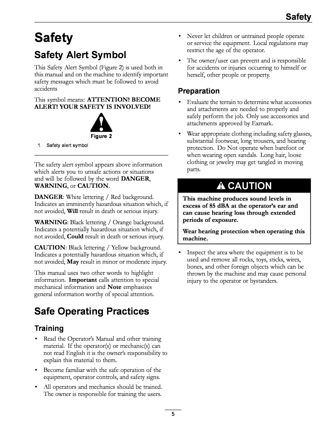 Exmark 000 & higher manual Safety Alert Symbol, Safe Operating Practices, Training, Preparation 