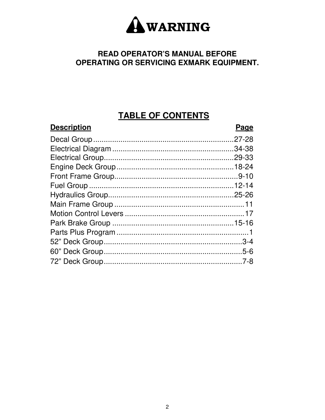 Exmark 103-0656 manual Table of Contents 