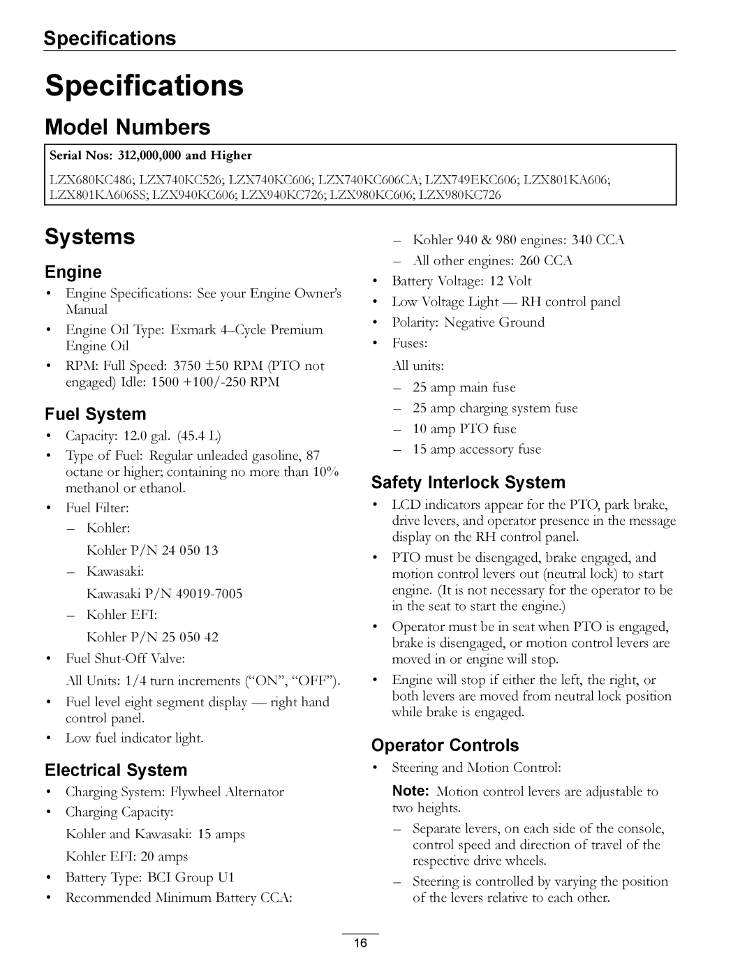 Exmark 312, 0 manual Specifications, Model Numbers, Systems 