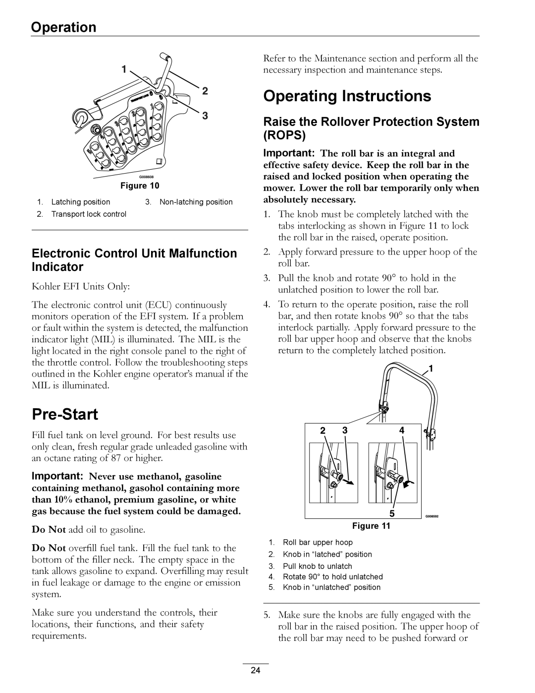 Exmark 312, 0 manual Operating Instructions, Pre-Start, Electronic Control Unit Malfunction Indicator 