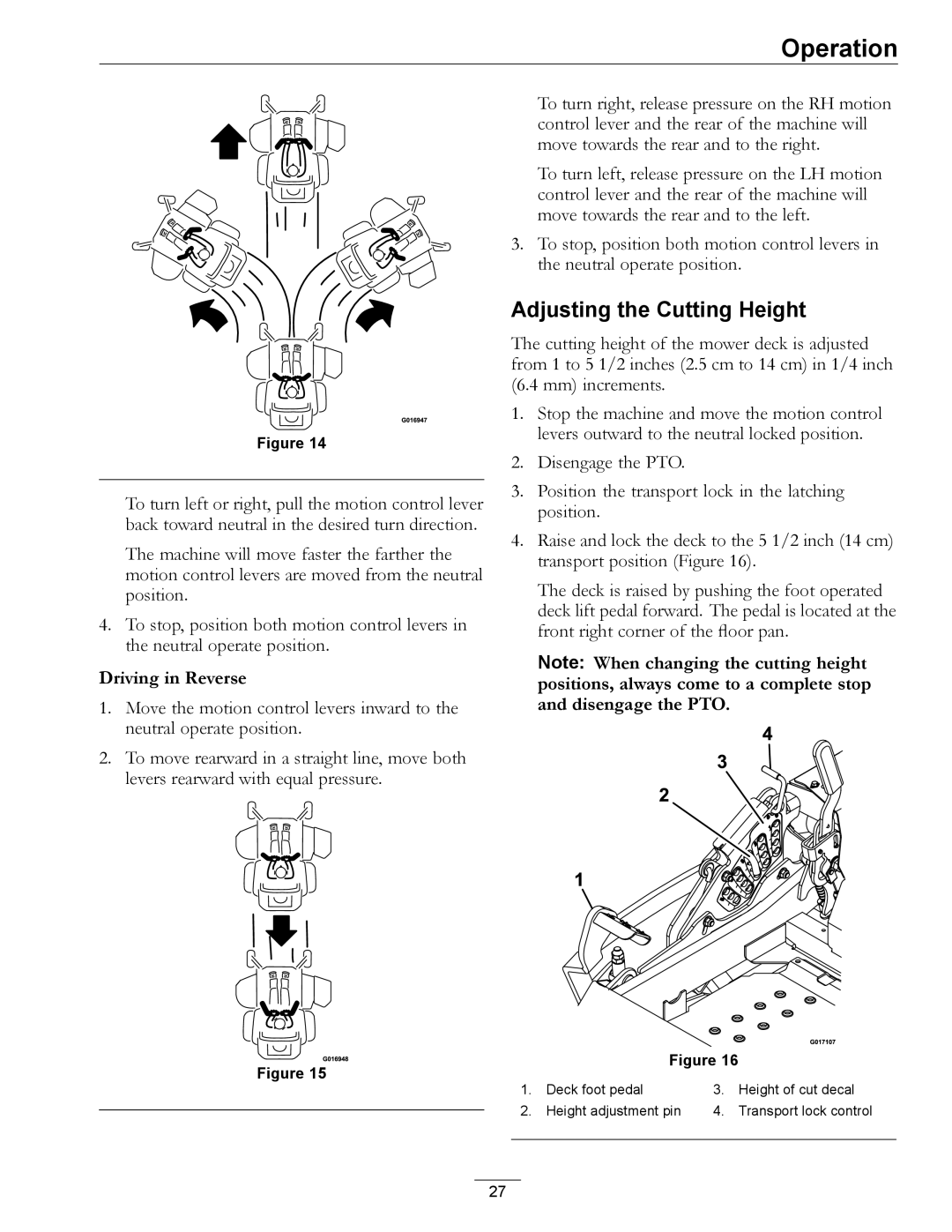 Exmark 0, 312 manual Adjusting the Cutting Height, Driving in Reverse 