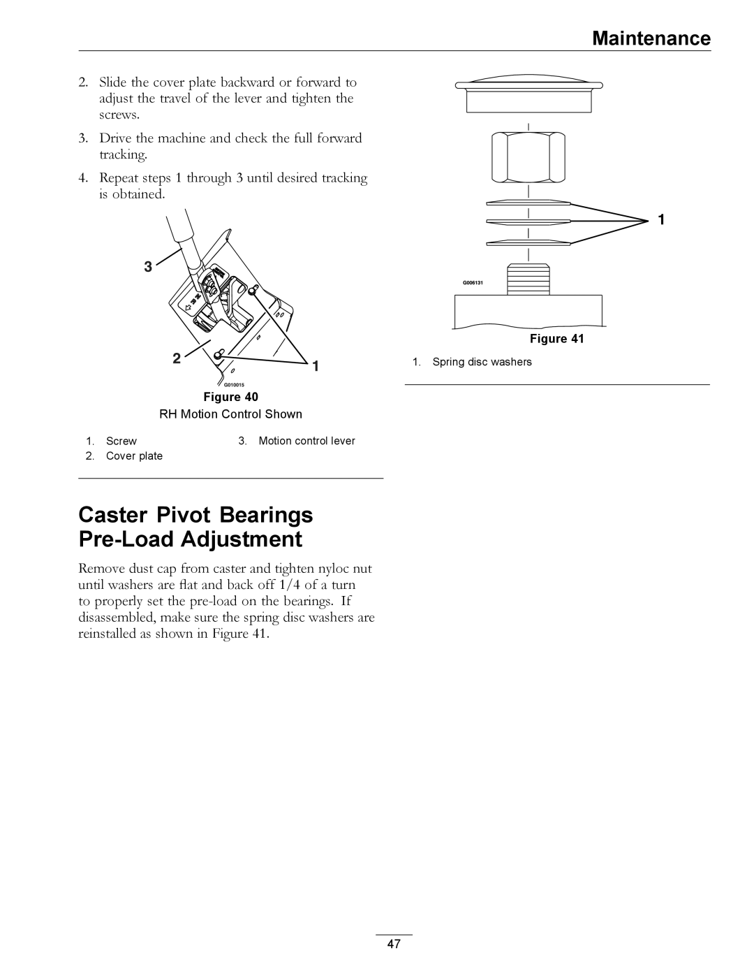 Exmark 0, 312 manual Caster Pivot Bearings Pre-Load Adjustment 