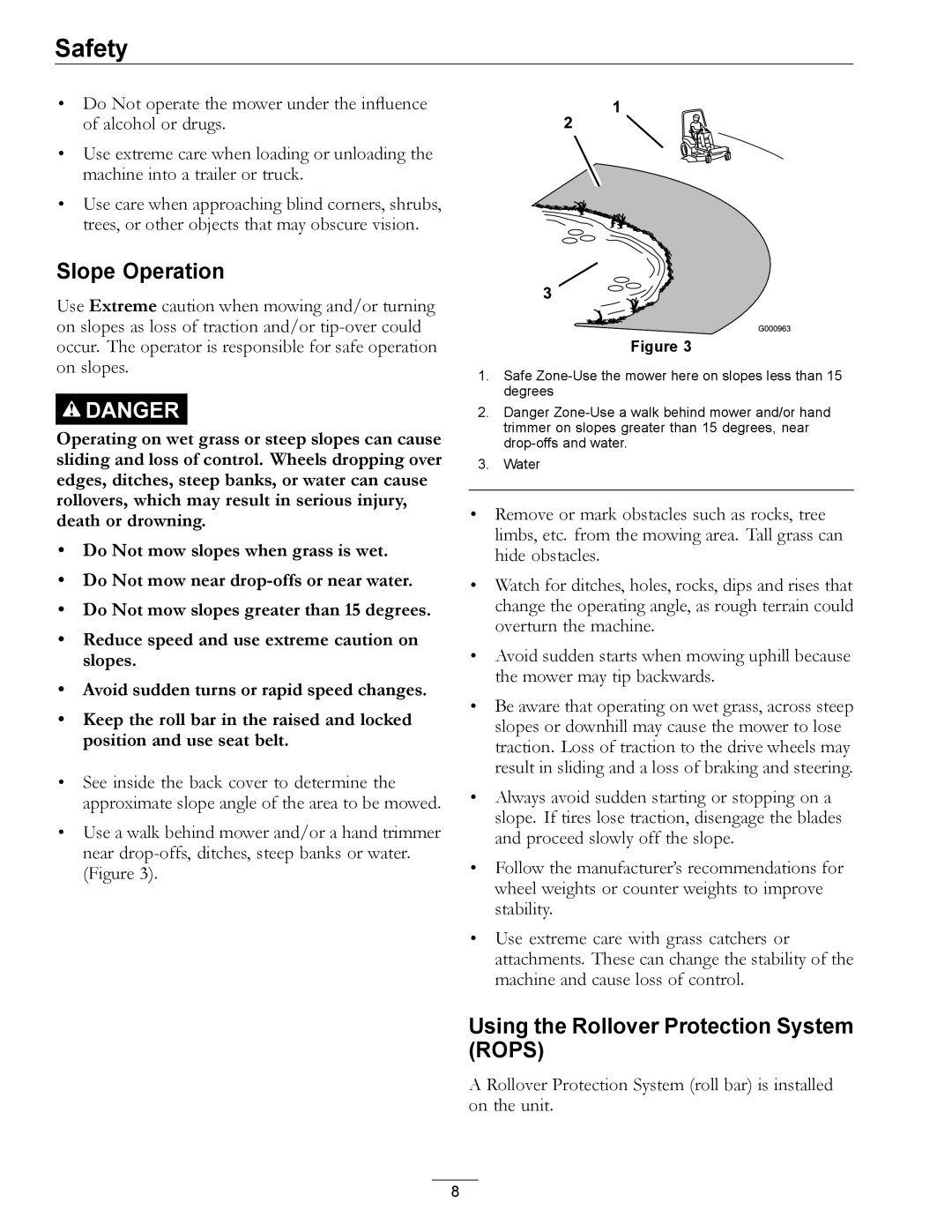 Exmark 312, 0 manual Slope Operation, Using the Rollover Protection System Rops 