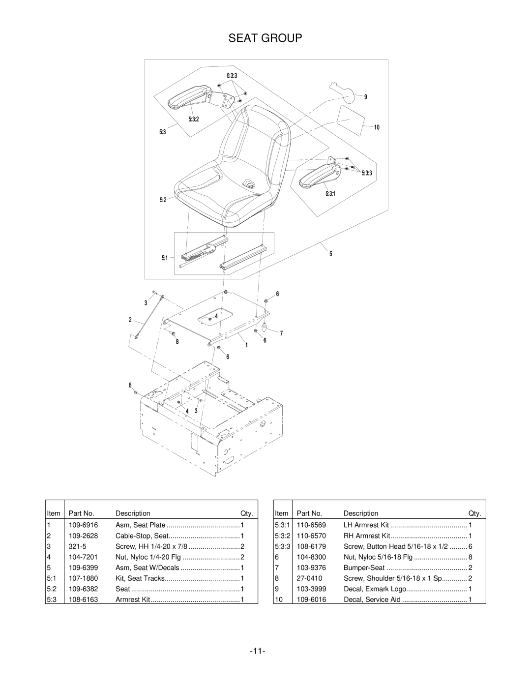 Exmark 4500-339 manual Seat Group 