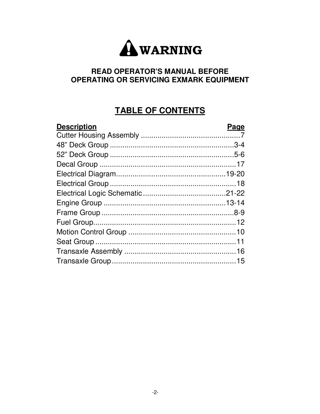 Exmark 4500-339 manual Table of Contents 