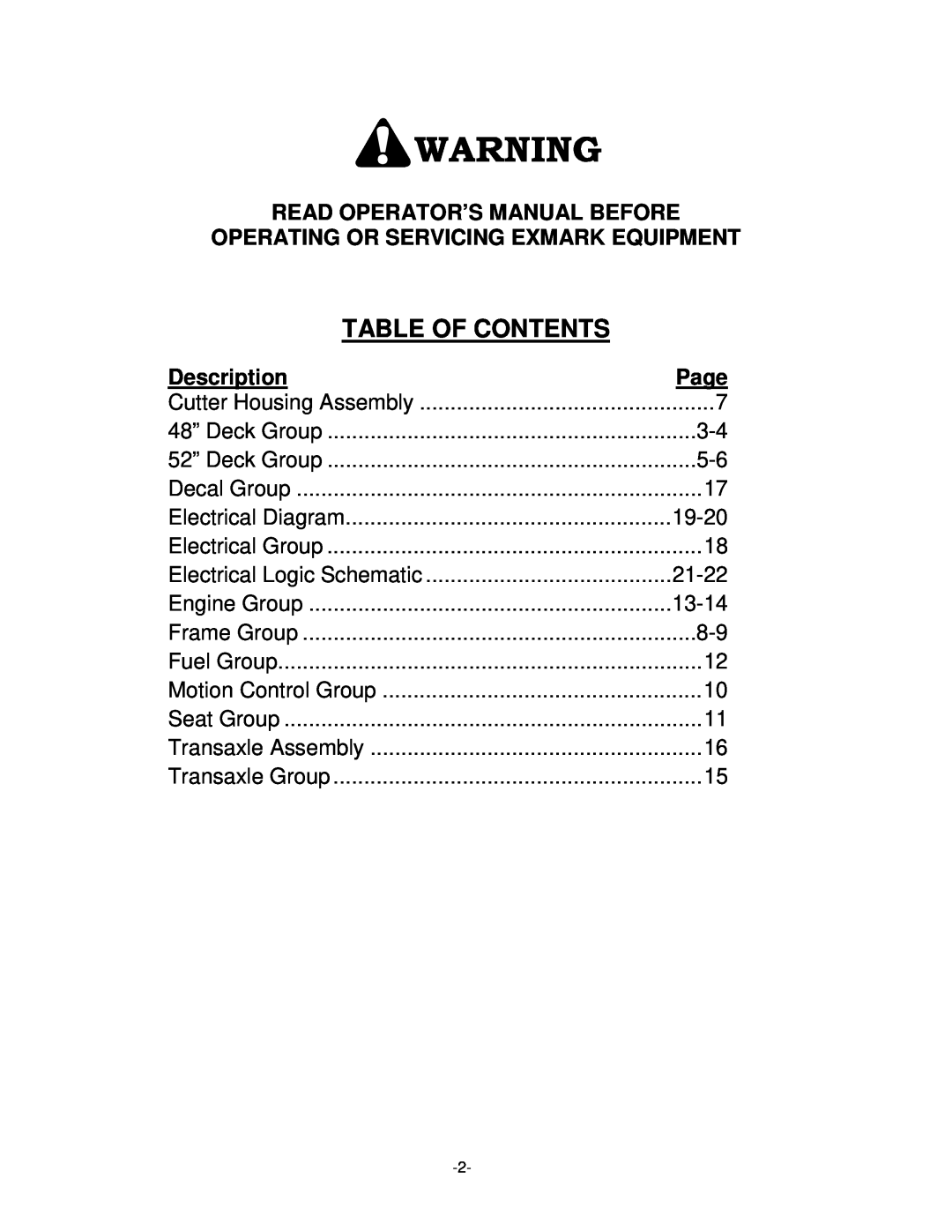 Exmark 4500-339 Table Of Contents, Read Operator’S Manual Before, Operating Or Servicing Exmark Equipment, Description 