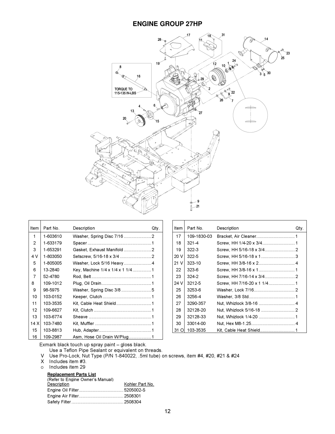 Exmark 4500-341 manual Engine Group 27HP, Replacement Parts List 