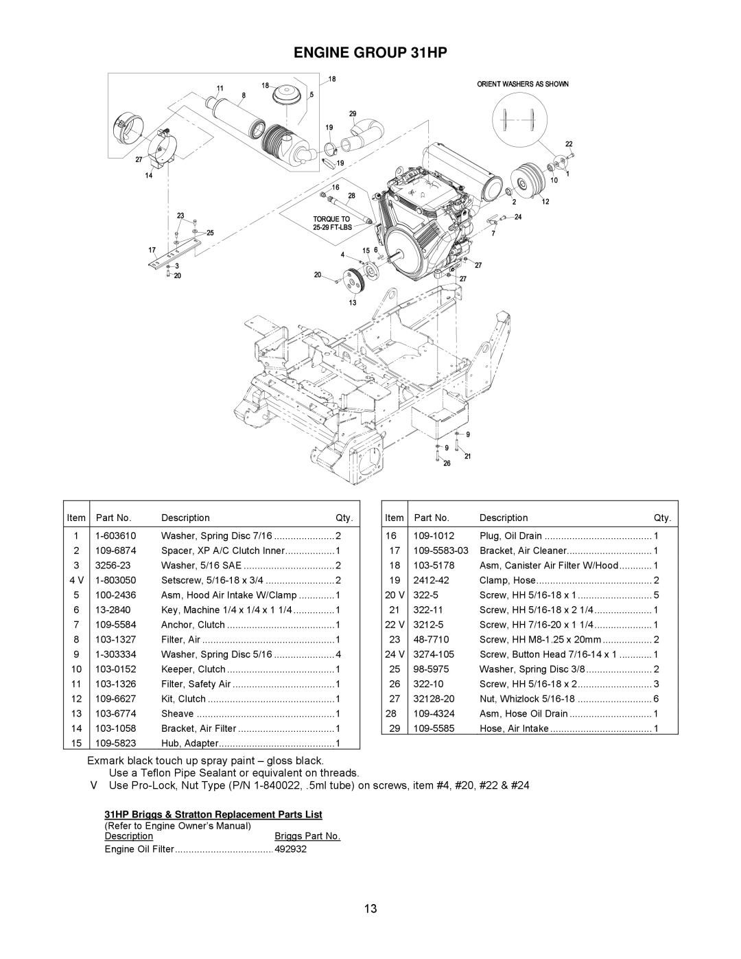 Exmark 4500-341 manual Engine Group 31HP 