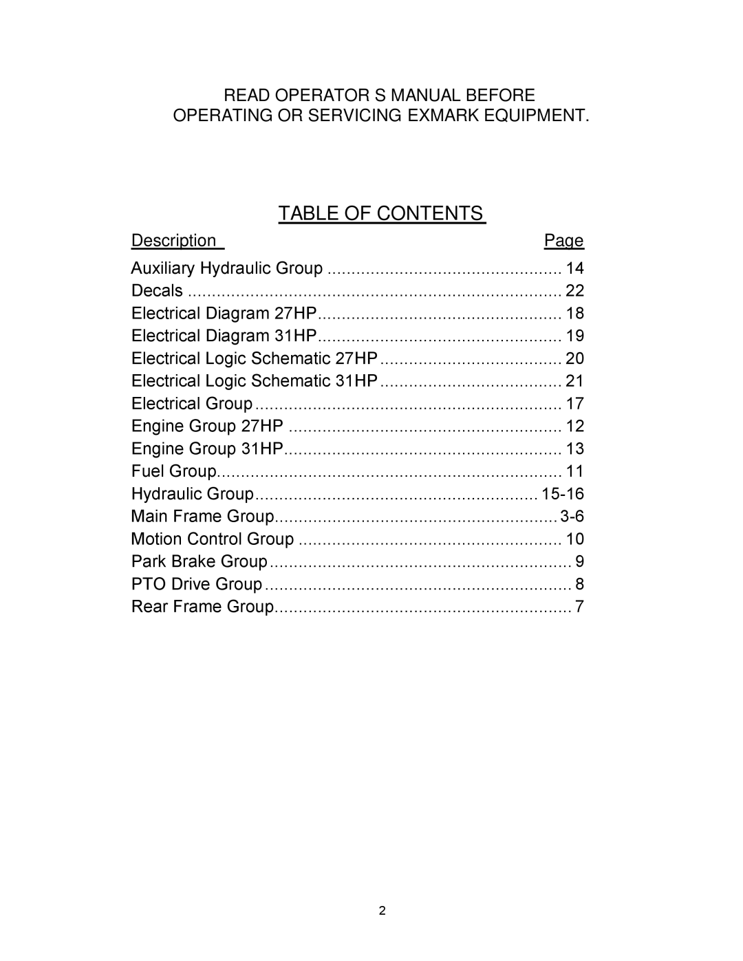 Exmark 4500-341 manual Table of Contents 