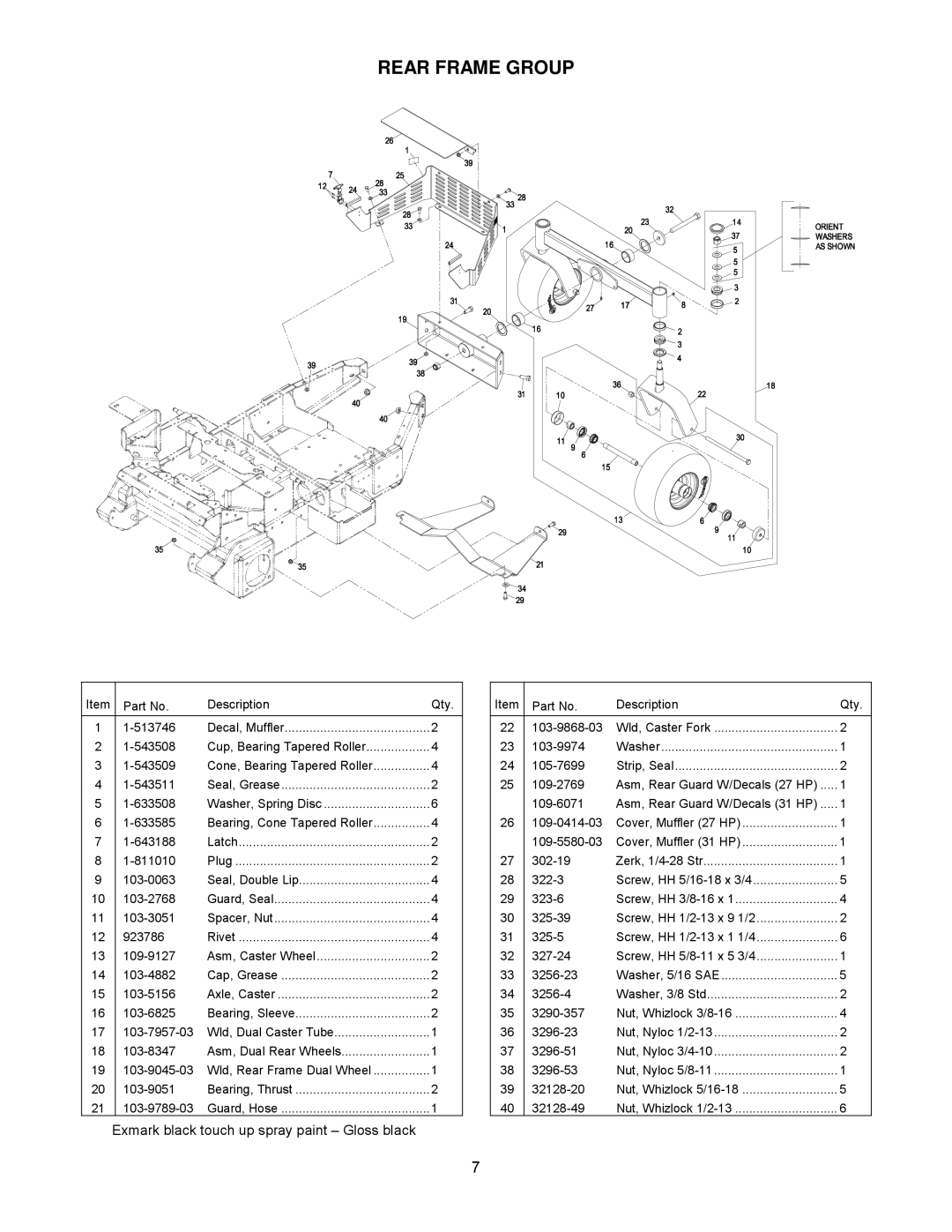 Exmark 4500-341 manual Rear Frame Group, Exmark black touch up spray paint Gloss black 