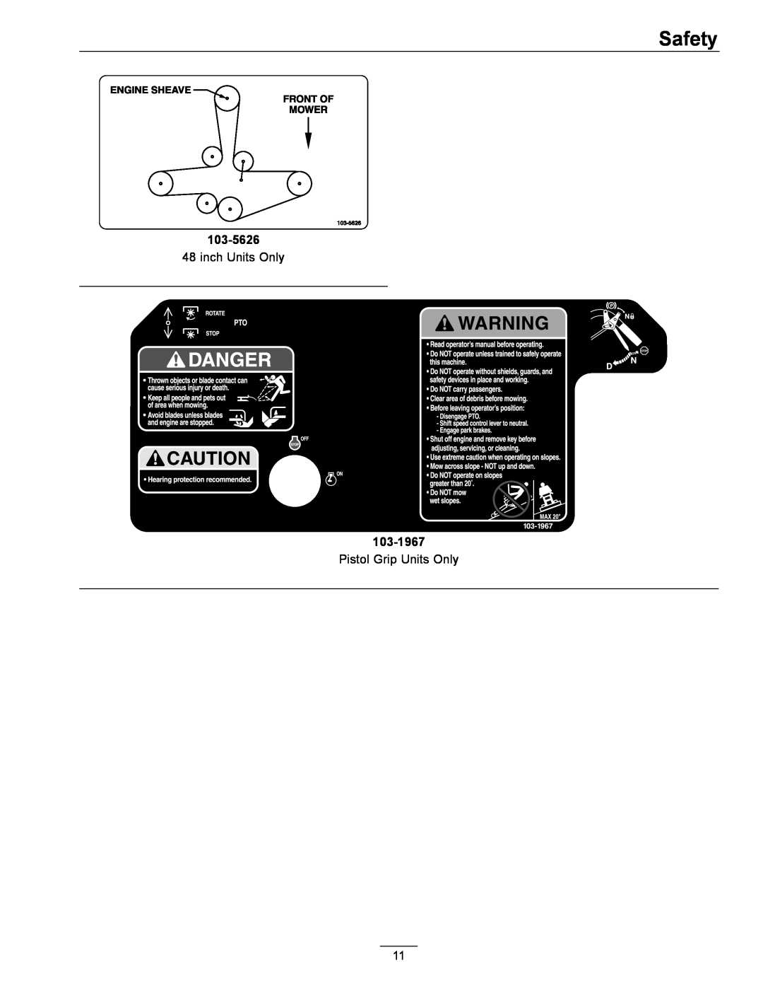 Exmark 4500-352 manual Safety, inch Units Only, Pistol Grip Units Only 