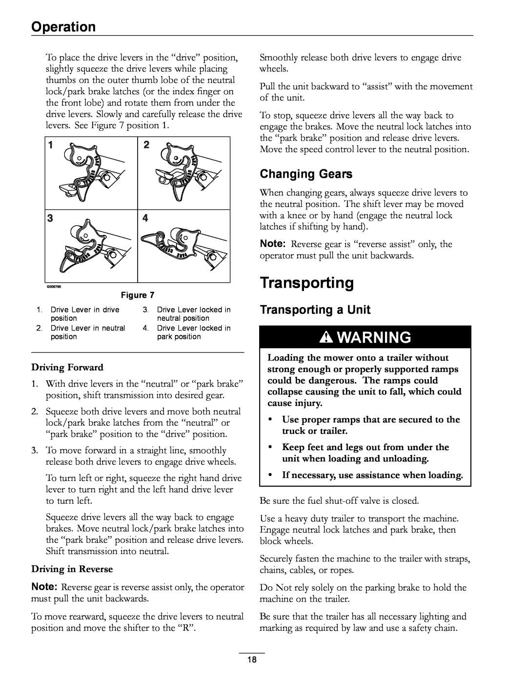 Exmark 4500-352 manual Changing Gears, Transporting a Unit, Driving Forward, Driving in Reverse, Operation 