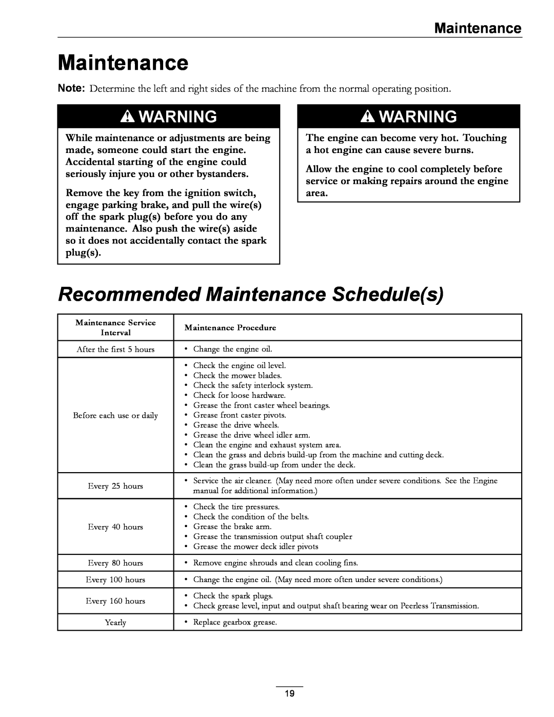 Exmark 4500-352 manual Recommended Maintenance Schedules 