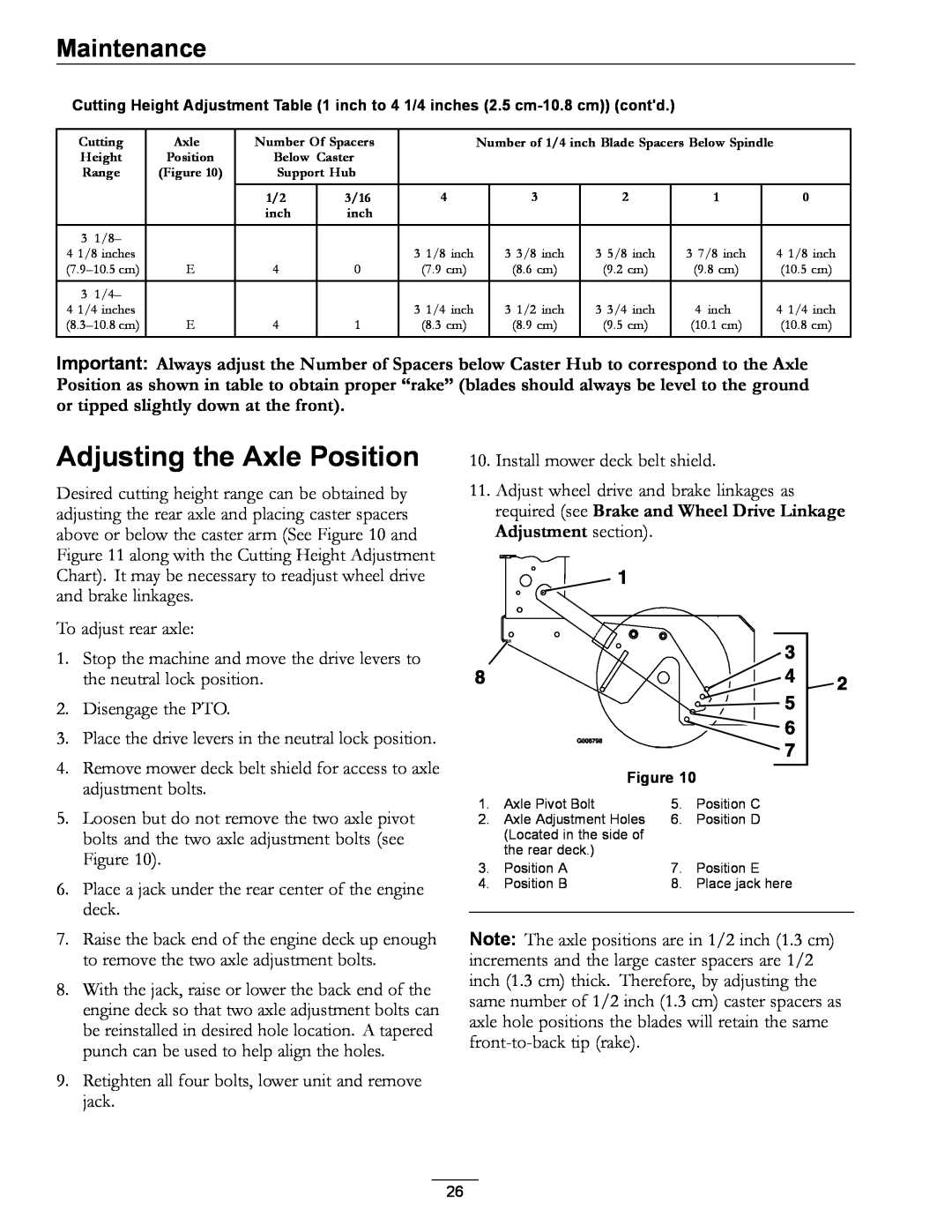 Exmark 4500-352 manual Adjusting the Axle Position, Maintenance 