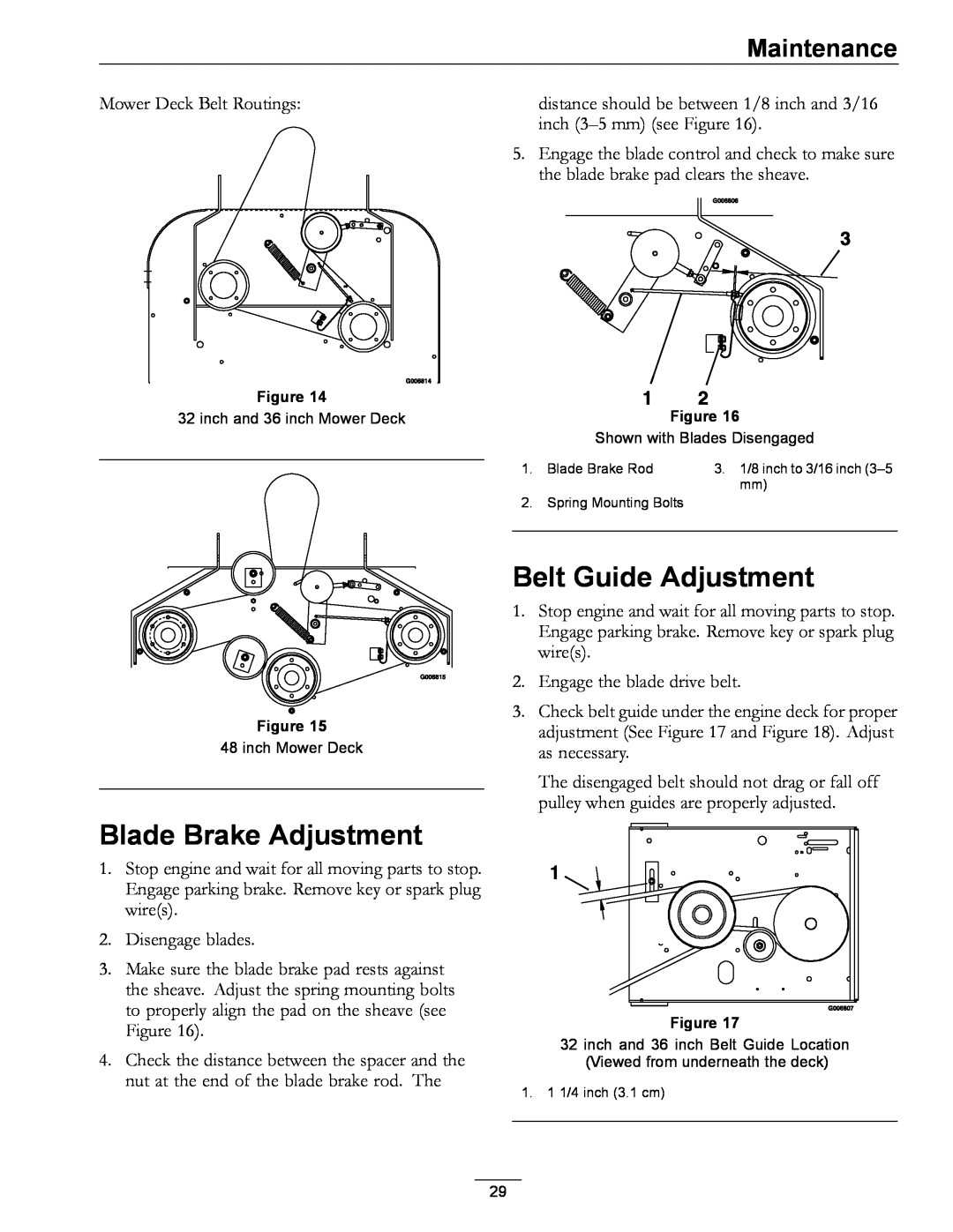 Exmark 4500-352 manual Blade Brake Adjustment, Belt Guide Adjustment, Maintenance 