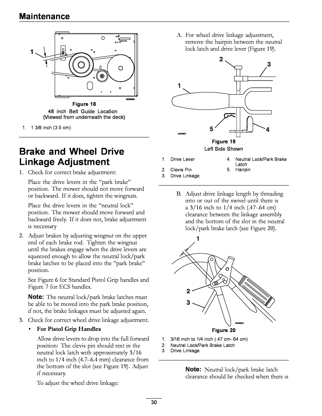 Exmark 4500-352 manual Brake and Wheel Drive Linkage Adjustment, Maintenance, For Pistol Grip Handles 