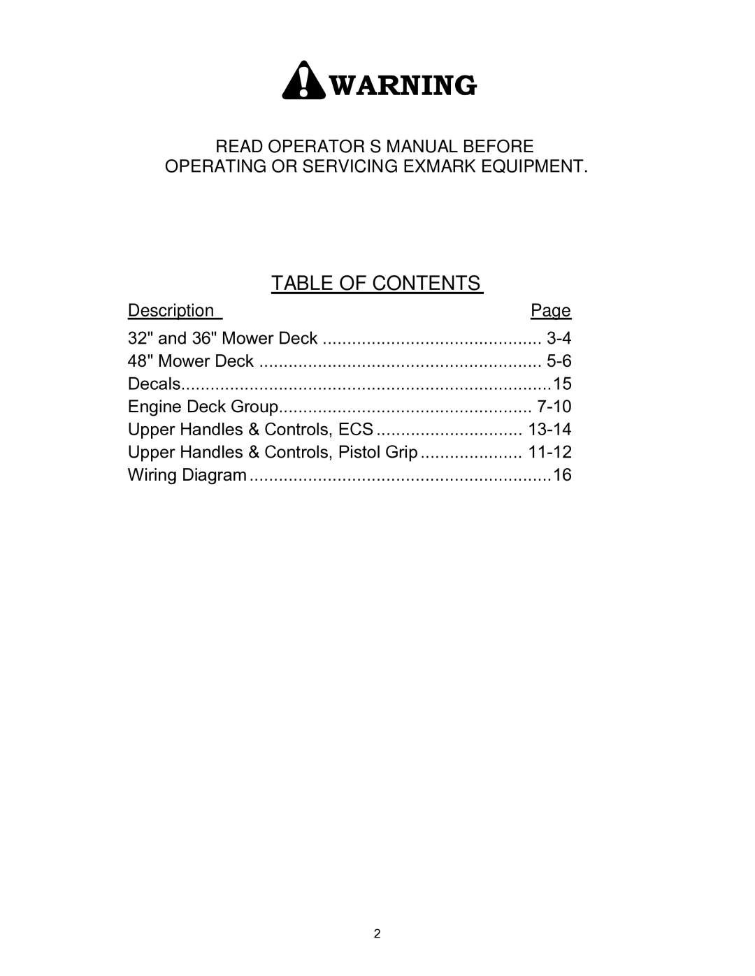 Exmark 4500-353 manual Table of Contents 