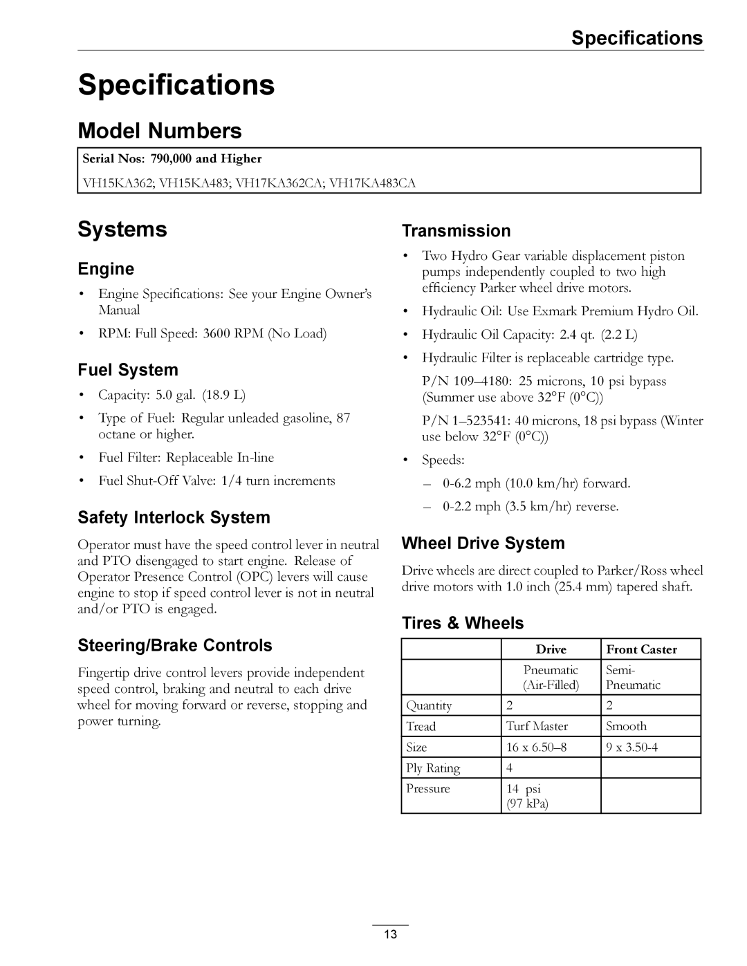 Exmark 4500-355 manual Specifications, Model Numbers, Systems 