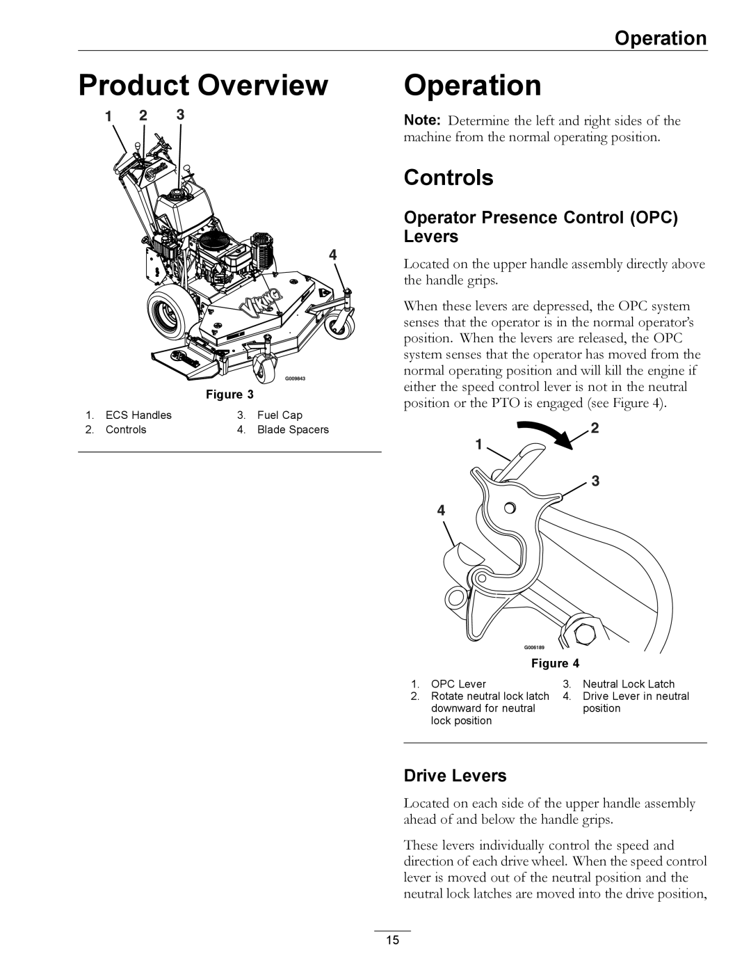 Exmark 4500-355 manual Product Overview Operation, Controls, Operator Presence Control OPC, Drive Levers 