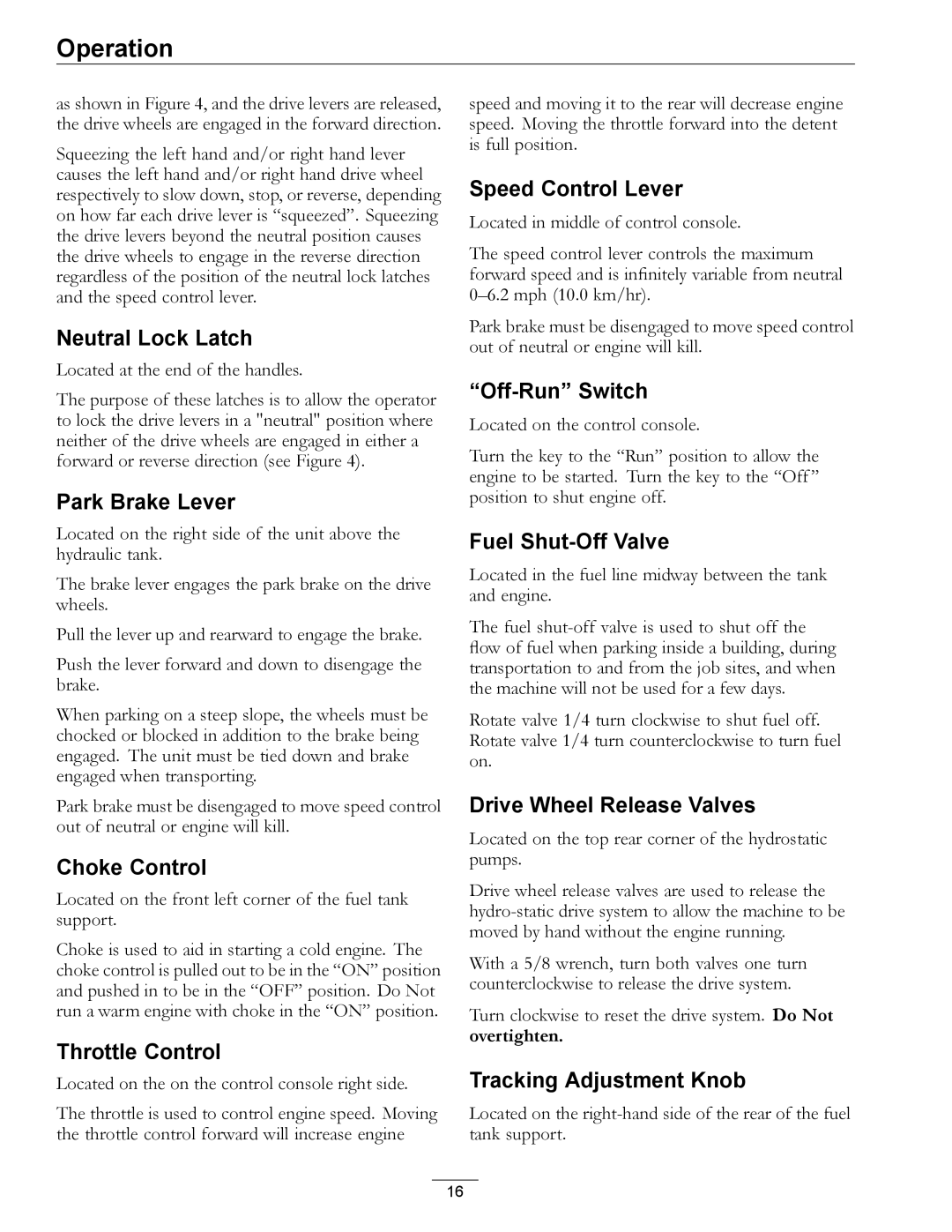 Exmark 4500-355 Neutral Lock Latch, Park Brake Lever, Choke Control, Throttle Control, Speed Control Lever, Off-Run Switch 