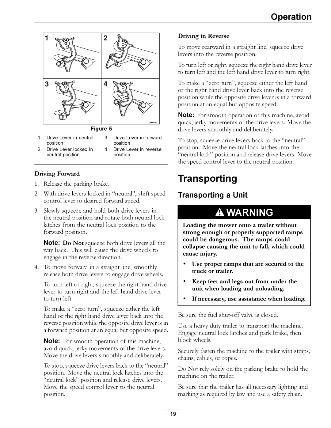 Exmark 4500-355 manual Transporting a Unit 