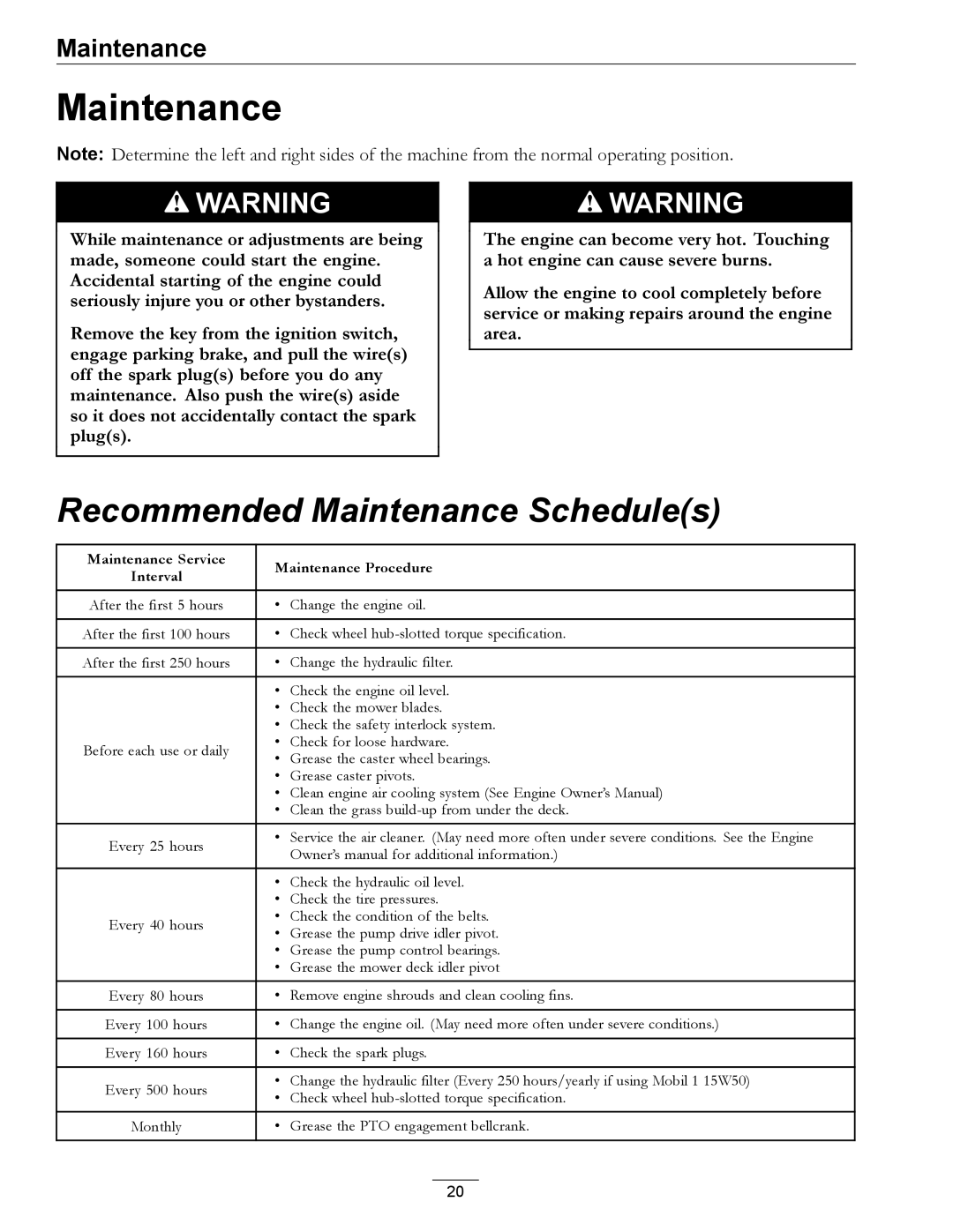 Exmark 4500-355 manual Recommended Maintenance Schedules 