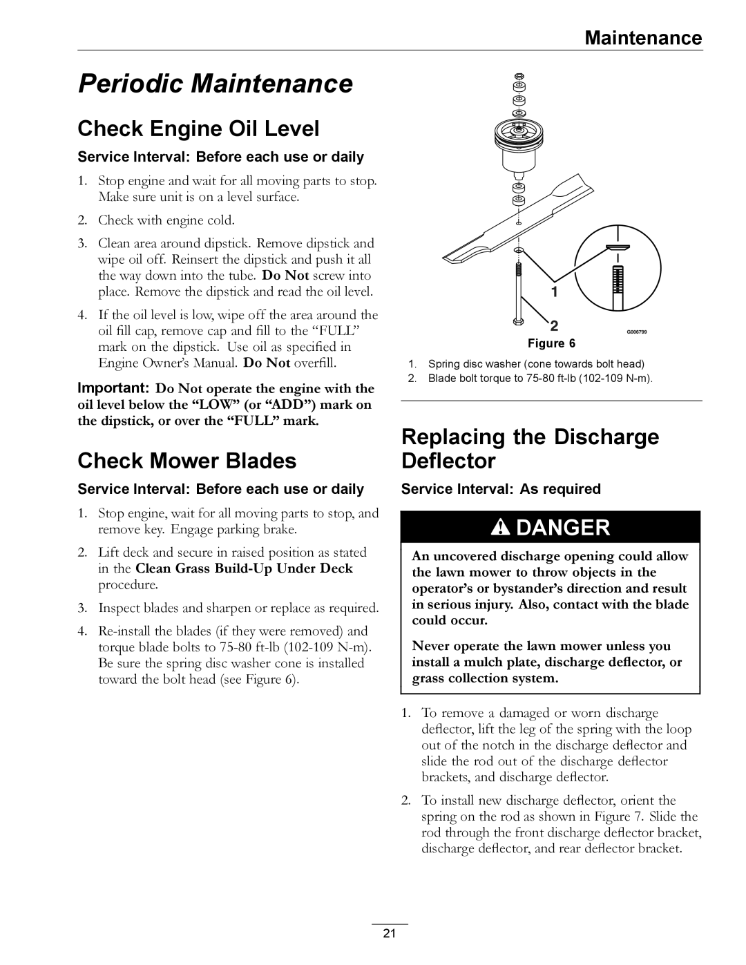 Exmark 4500-355 manual Check Engine Oil Level, Check Mower Blades, Replacing the Discharge Deflector 