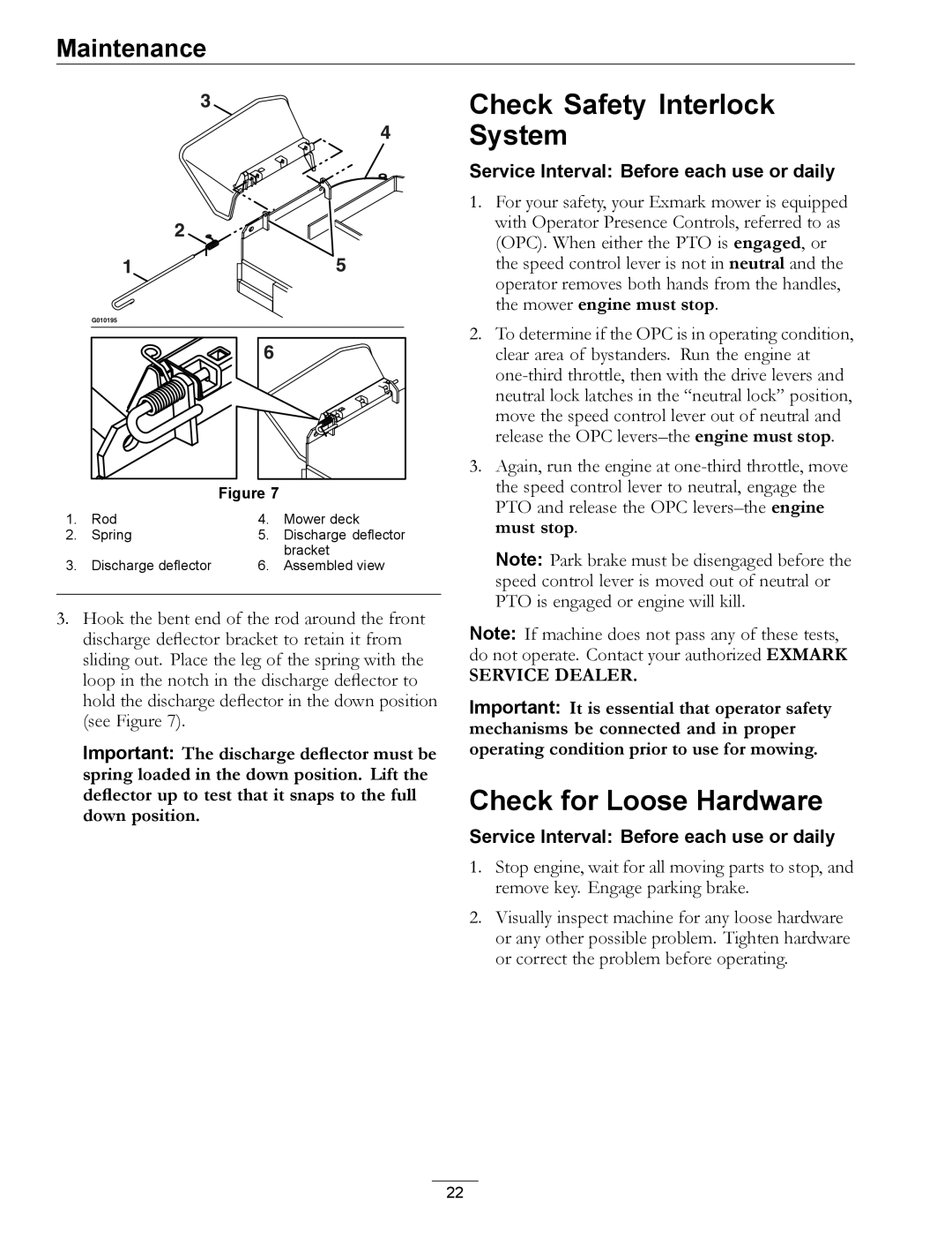 Exmark 4500-355 manual Check Safety Interlock System, Check for Loose Hardware 