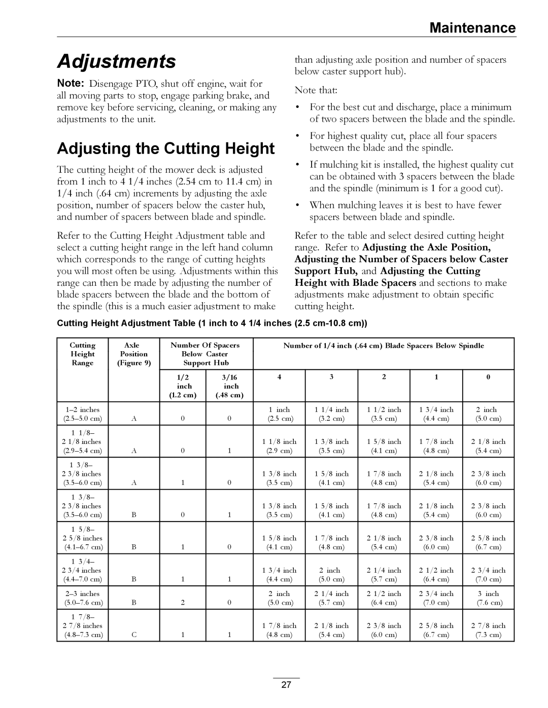 Exmark 4500-355 manual Adjustments, Adjusting the Cutting Height 