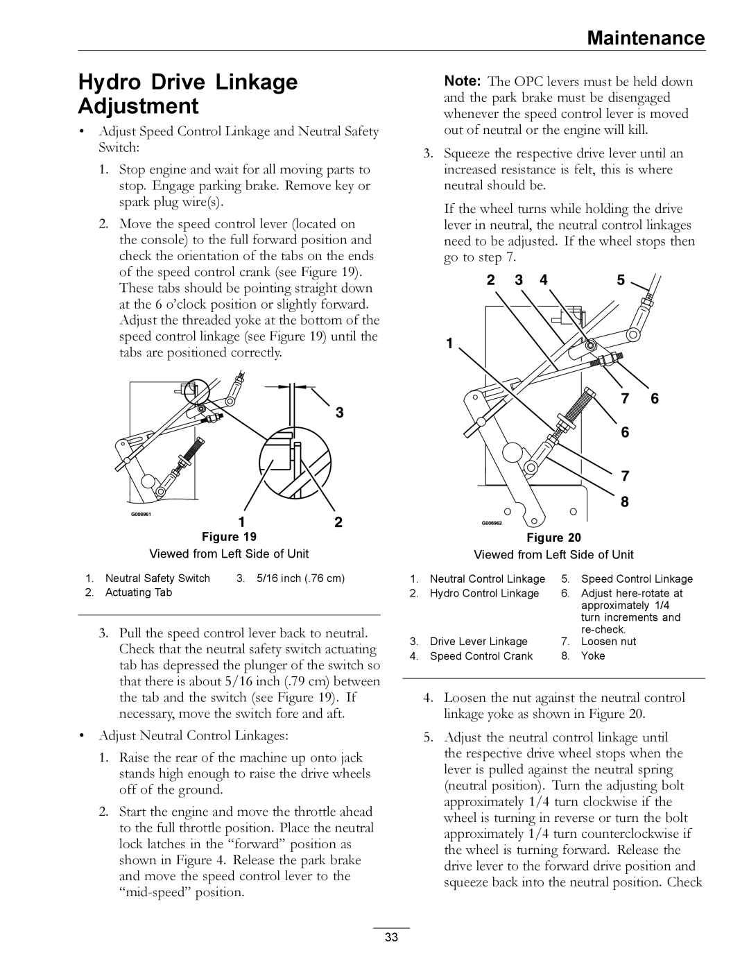 Exmark 4500-355 manual Hydro Drive Linkage Adjustment 