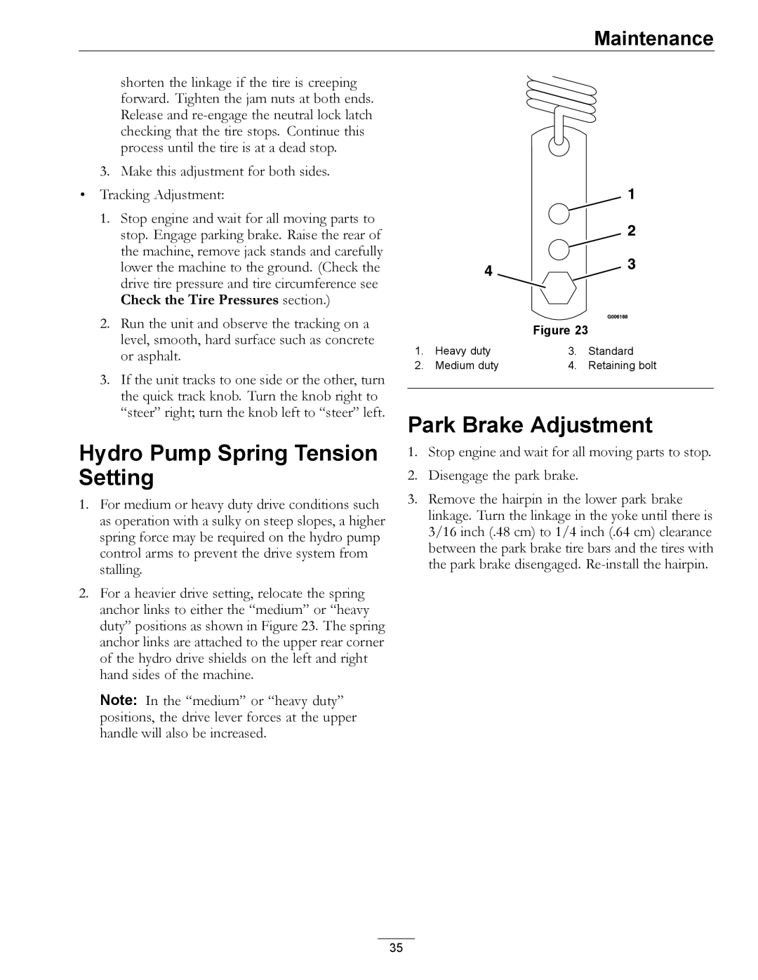 Exmark 4500-355 manual Hydro Pump Spring Tension Setting, Park Brake Adjustment 