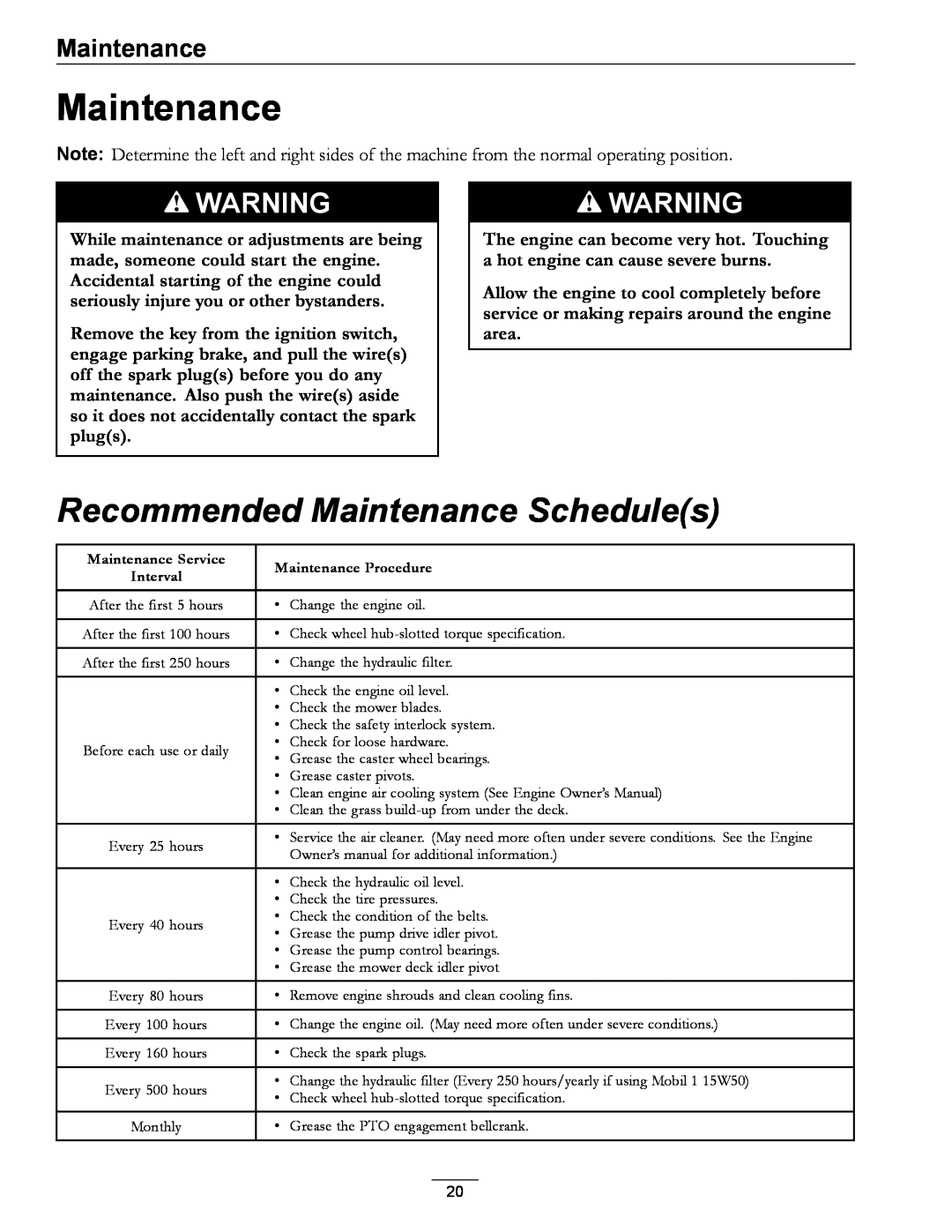 Exmark 4500-355 manual Recommended Maintenance Schedules 